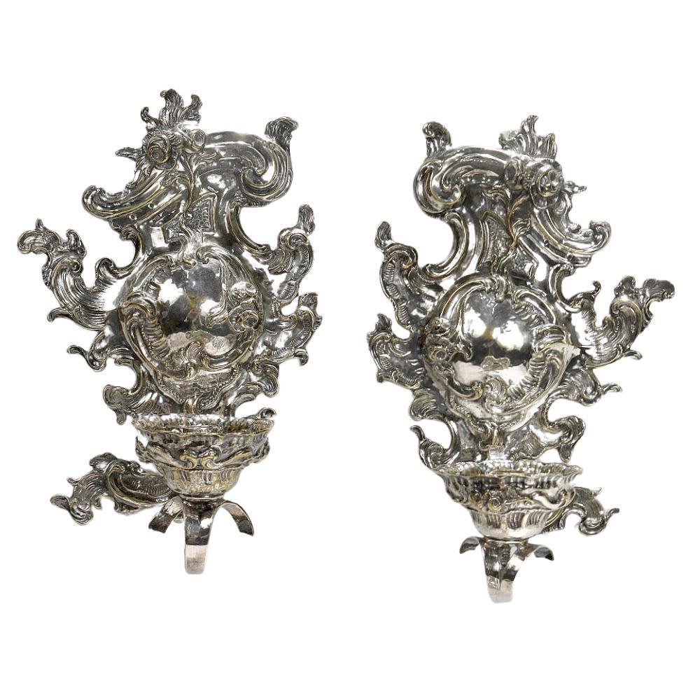 Antique Rococo or Rococo Revival Silver Plated Wall Sconces For Sale
