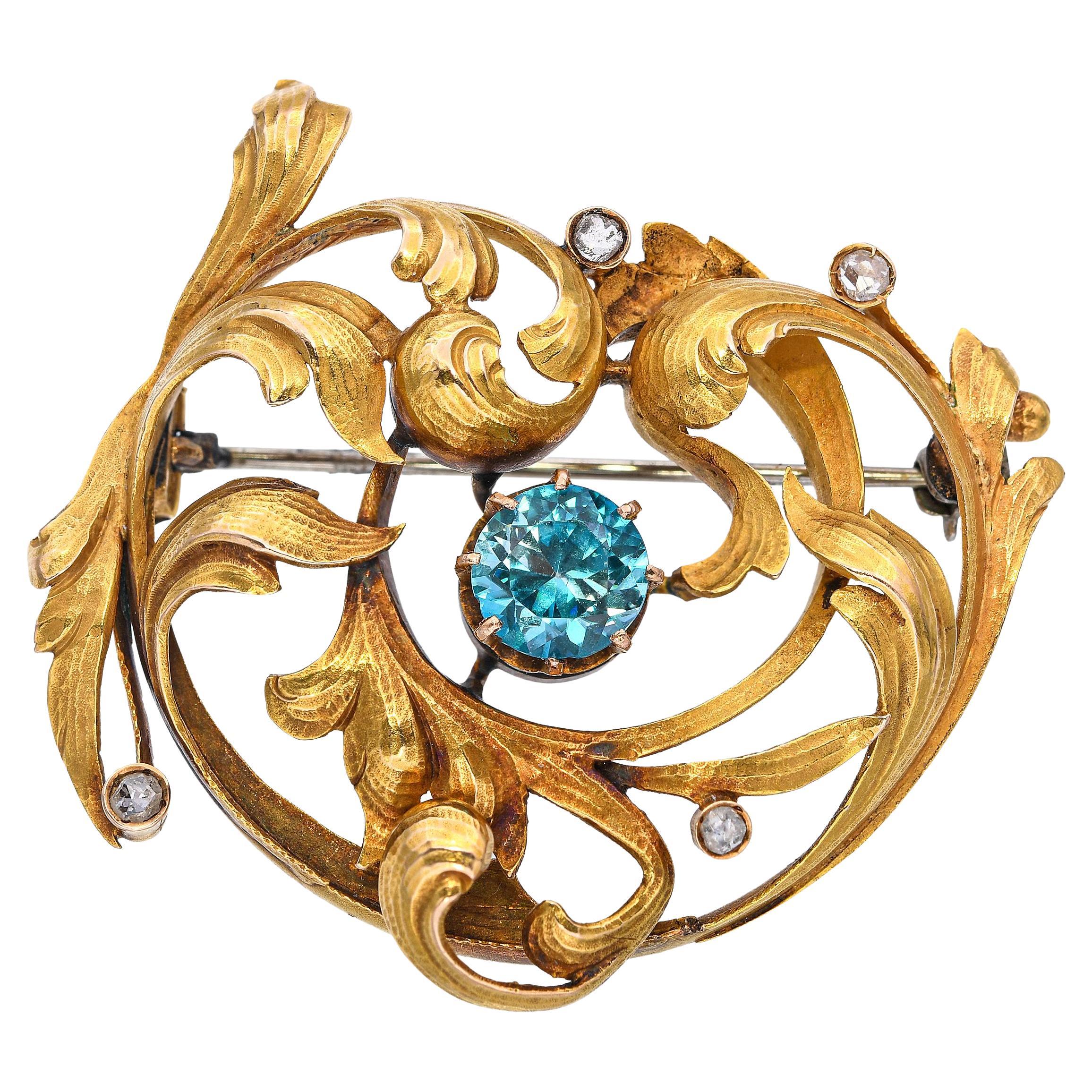 Antique Rococo Revival 18k Yellow Gold Blue Zircon and Rose Cut Diamond Brooch