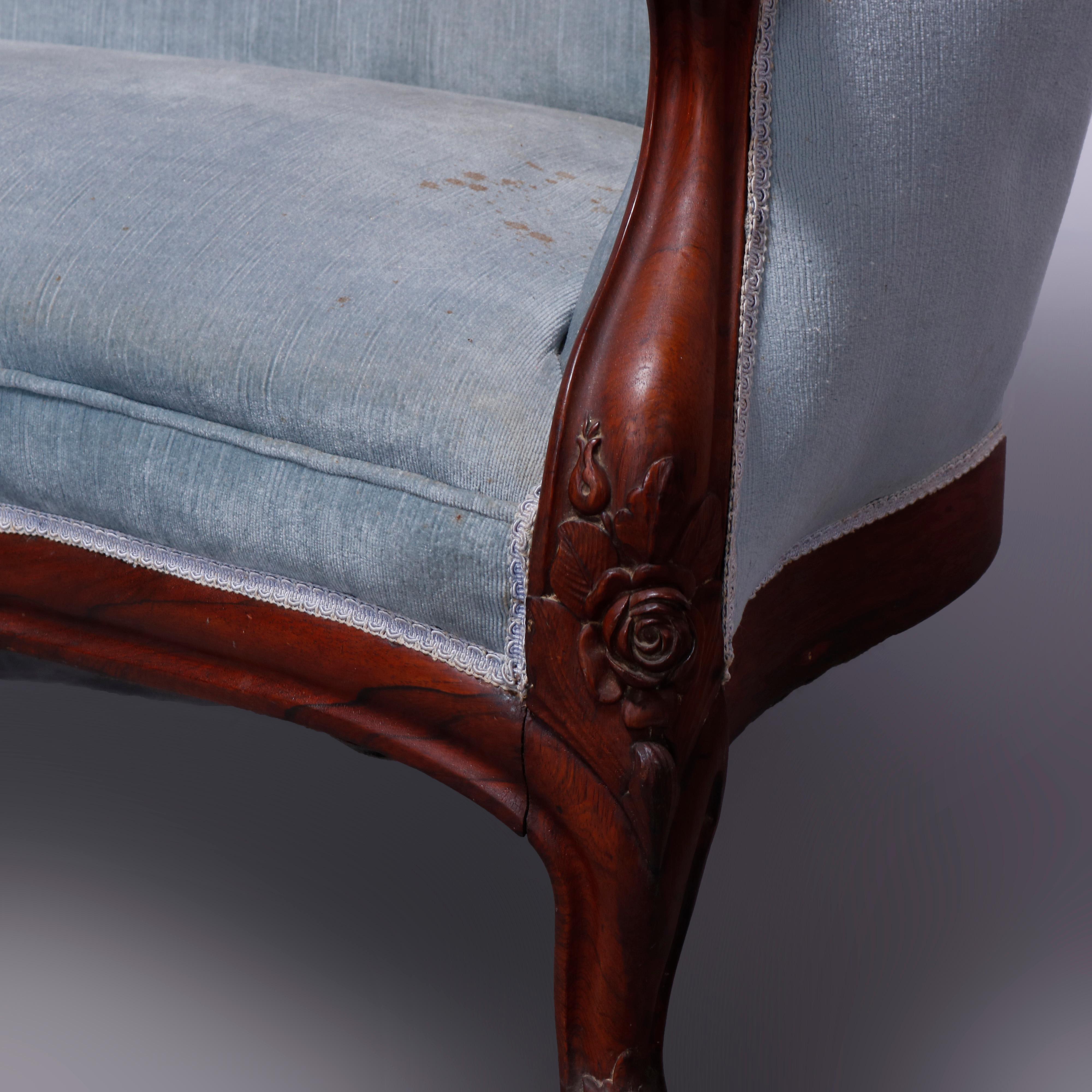 Carved Antique Rococo Revival Belter Rosalie Laminated Rosewood Settee Sofa, c1860