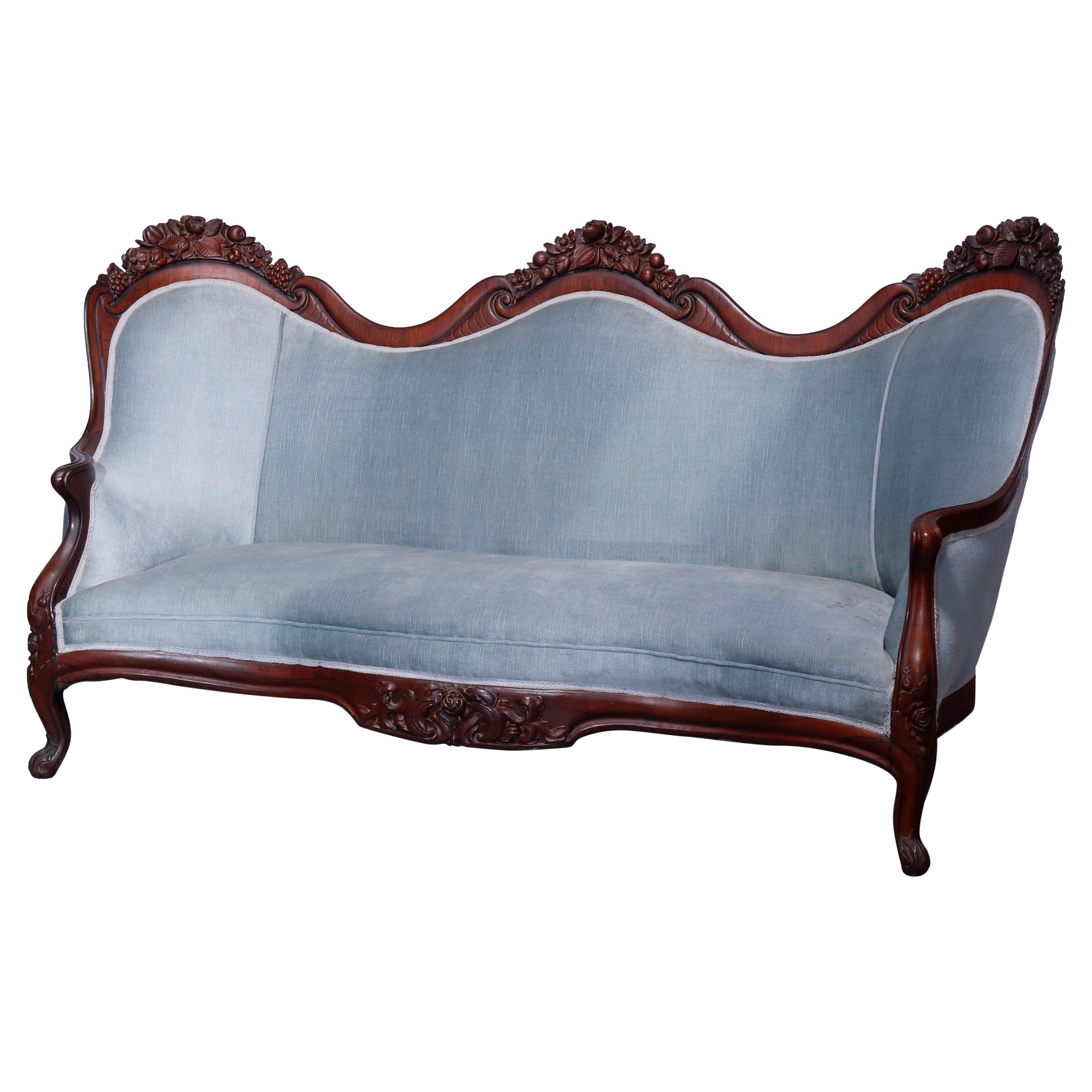Antique Rococo Revival Belter Rosalie Laminated Rosewood Settee Sofa, c1860
