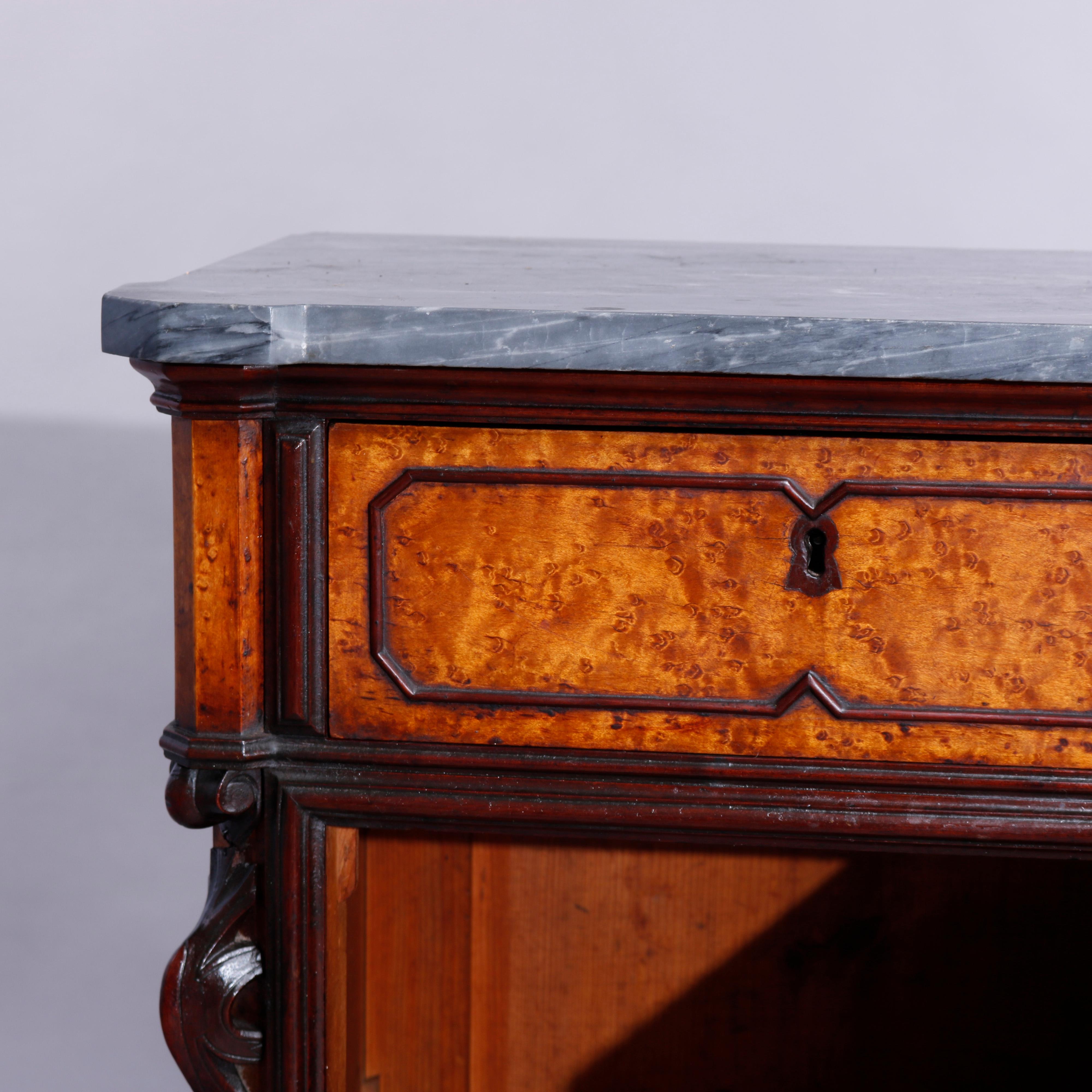 19th Century Antique Rococo Revival Birdseye Maple, Carved Walnut & Marble Side Stands, c1860