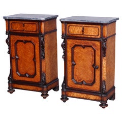Antique Rococo Revival Birdseye Maple, Carved Walnut & Marble Side Stands, c1860