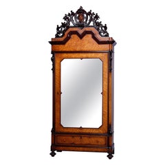 Antique Rococo Revival Birdseye Maple & Figural Carved Walnut Armoire, C1860