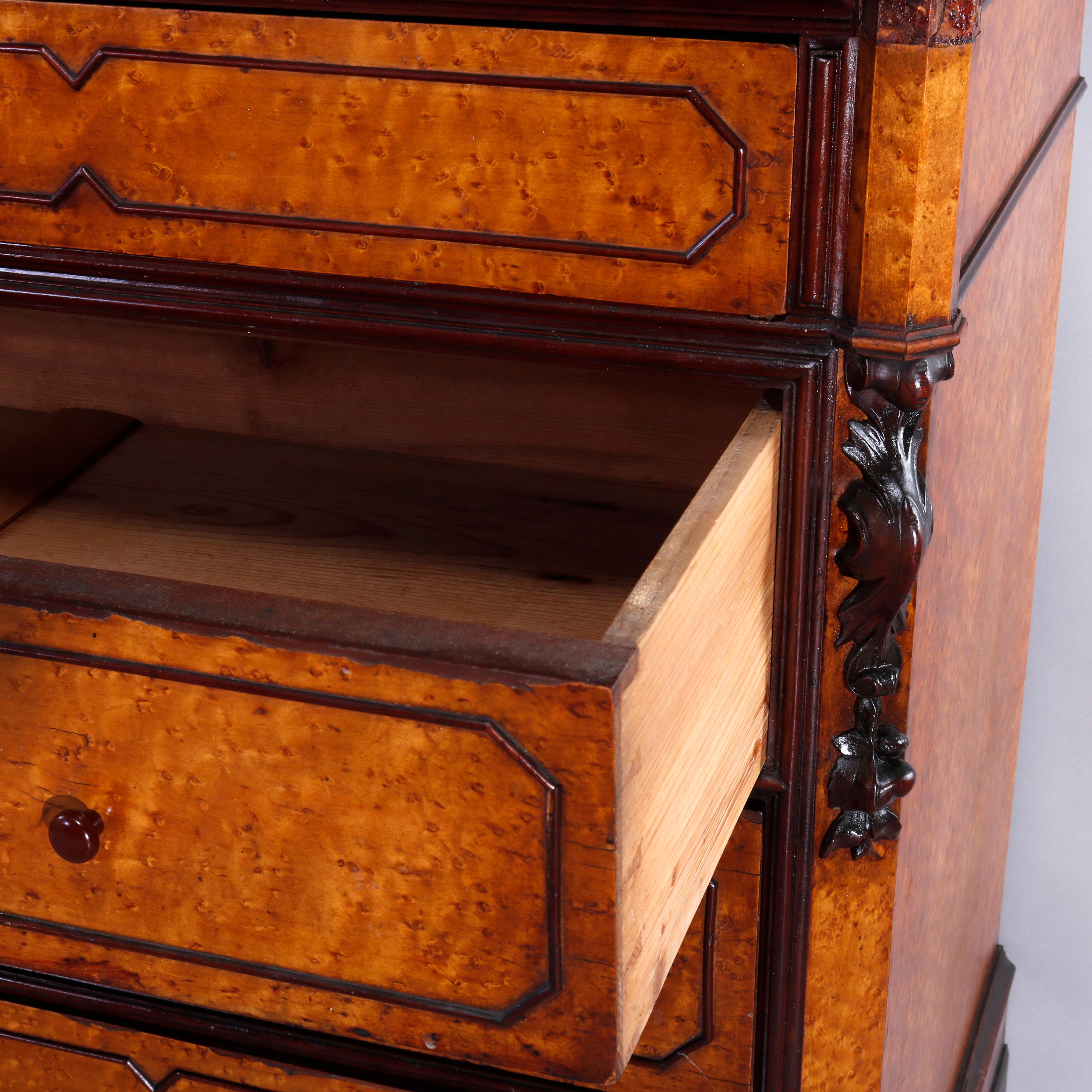 Antique Rococo Revival Birdseye Maple & Figural Carved Walnut Dresser, c1860 6