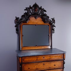 Antique Rococo Revival Birdseye Maple & Figural Carved Walnut Dresser, c1860