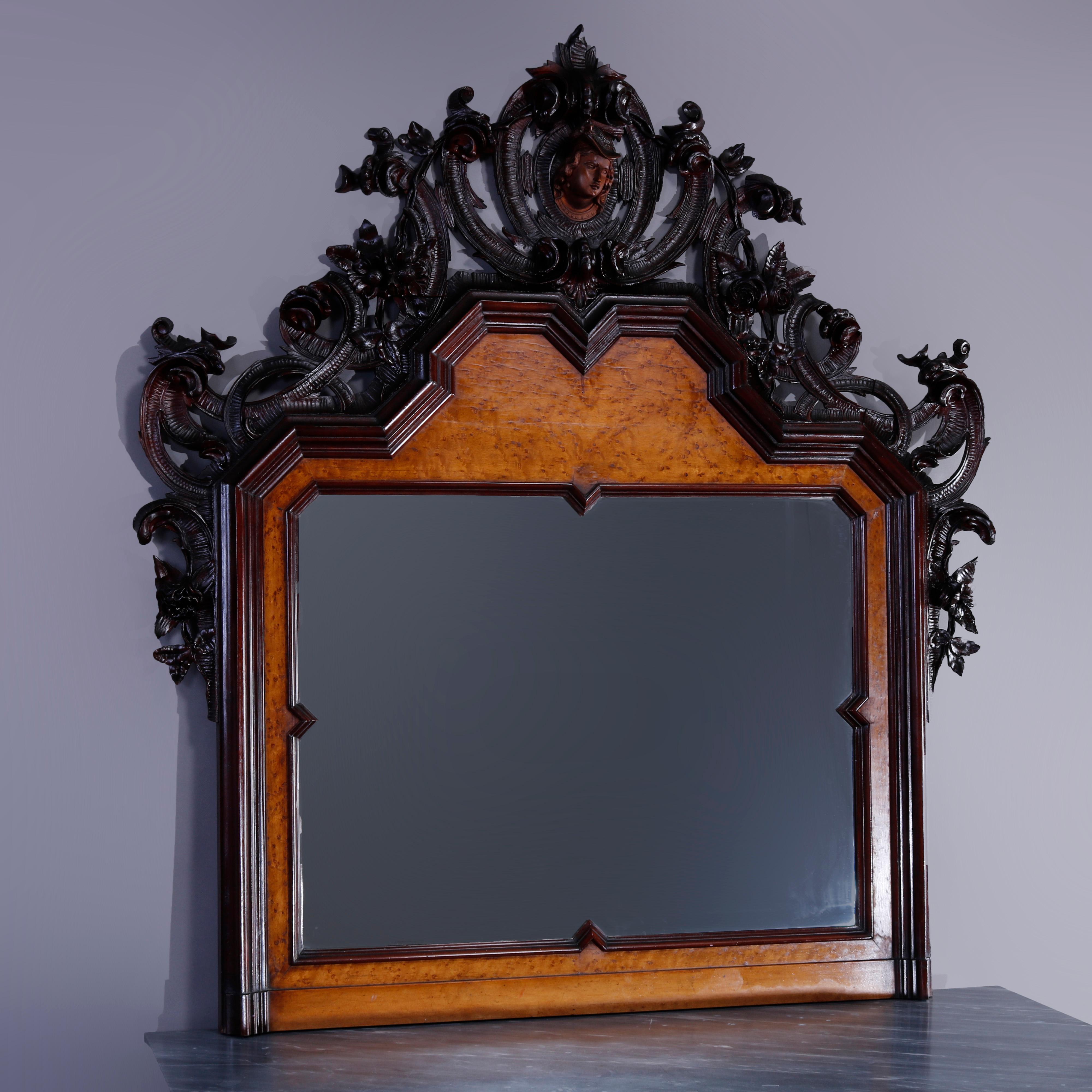 European Antique Rococo Revival Birdseye Maple & Figural Carved Walnut Dresser, c1860