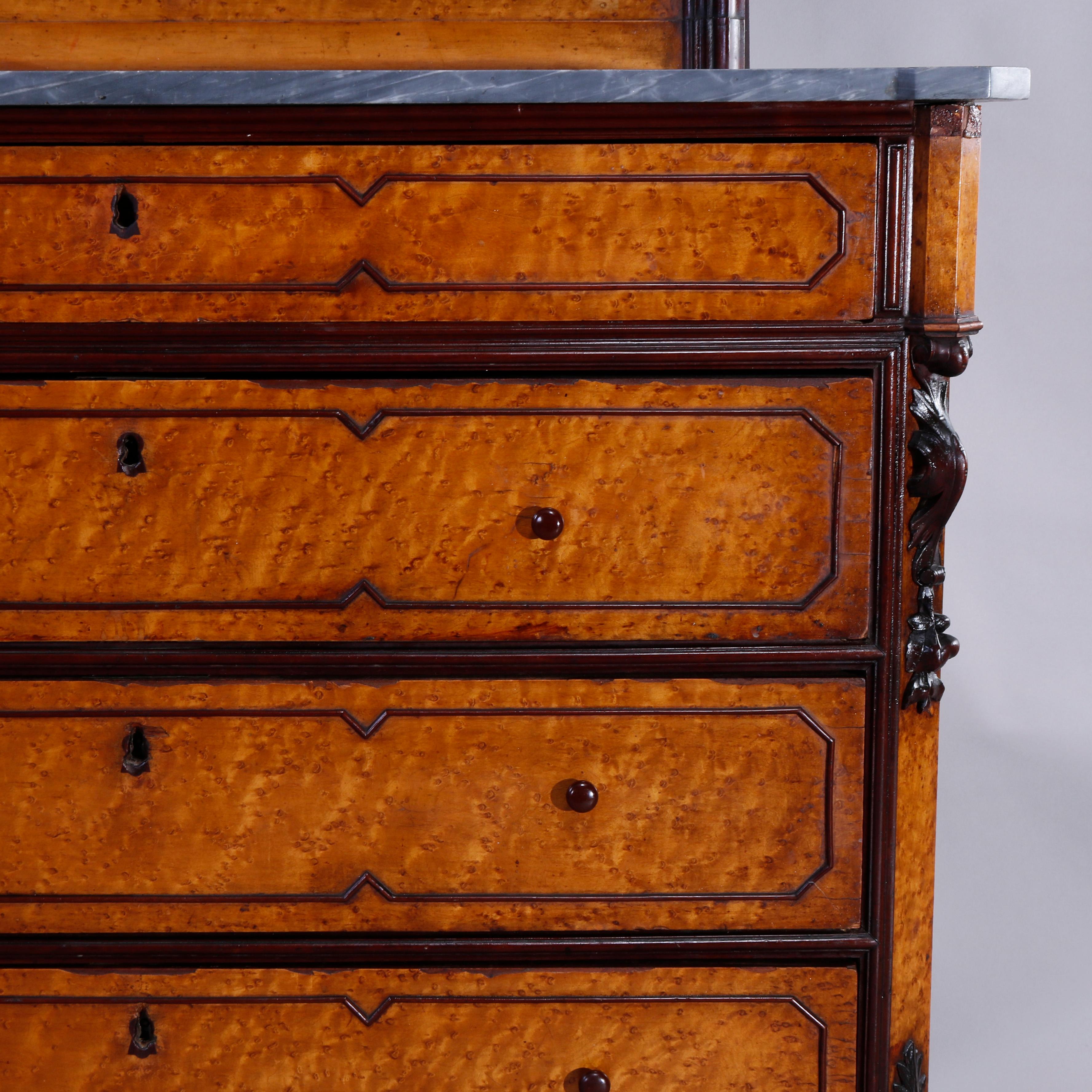 Antique Rococo Revival Birdseye Maple & Figural Carved Walnut Dresser, c1860 2