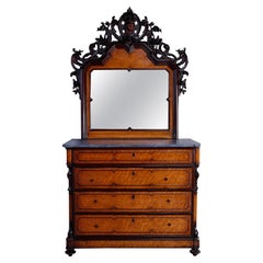 Antique Rococo Revival Birdseye Maple & Figural Carved Walnut Dresser, c1860