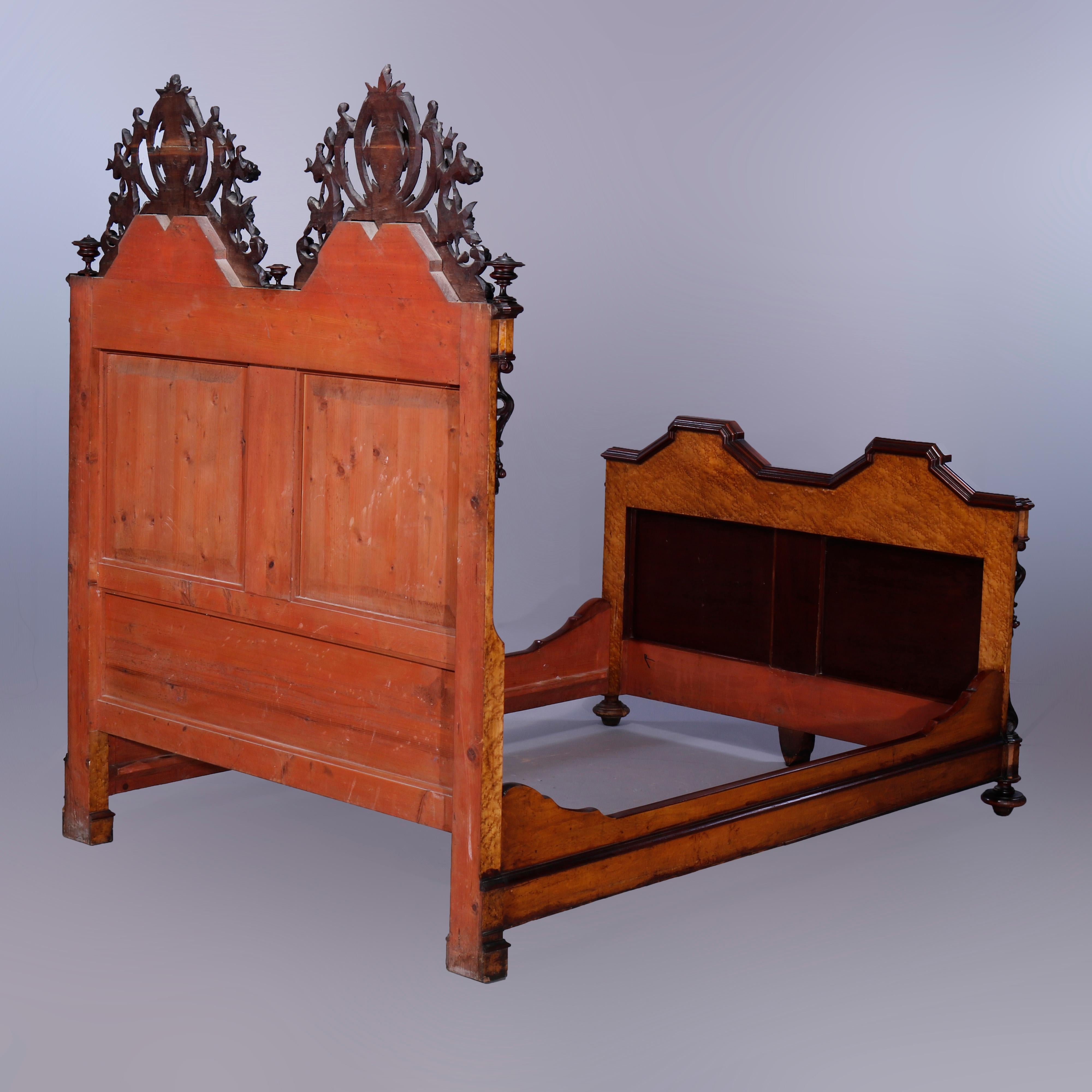 European Antique Rococo Revival Birdseye Maple & Figural Carved Walnut Full Size Bed 1860