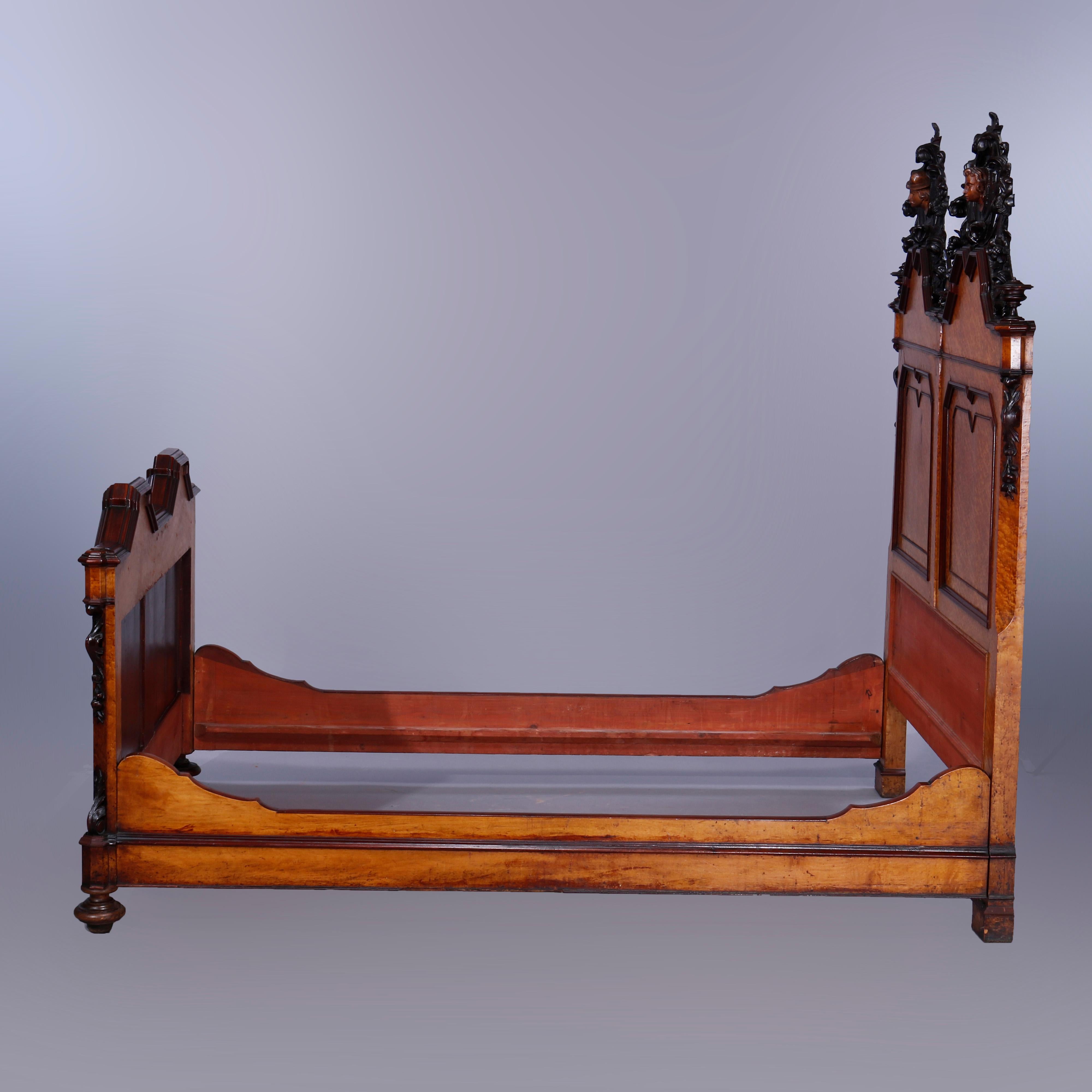 Antique Rococo Revival Birdseye Maple & Figural Carved Walnut Full Size Bed 1860 In Good Condition In Big Flats, NY