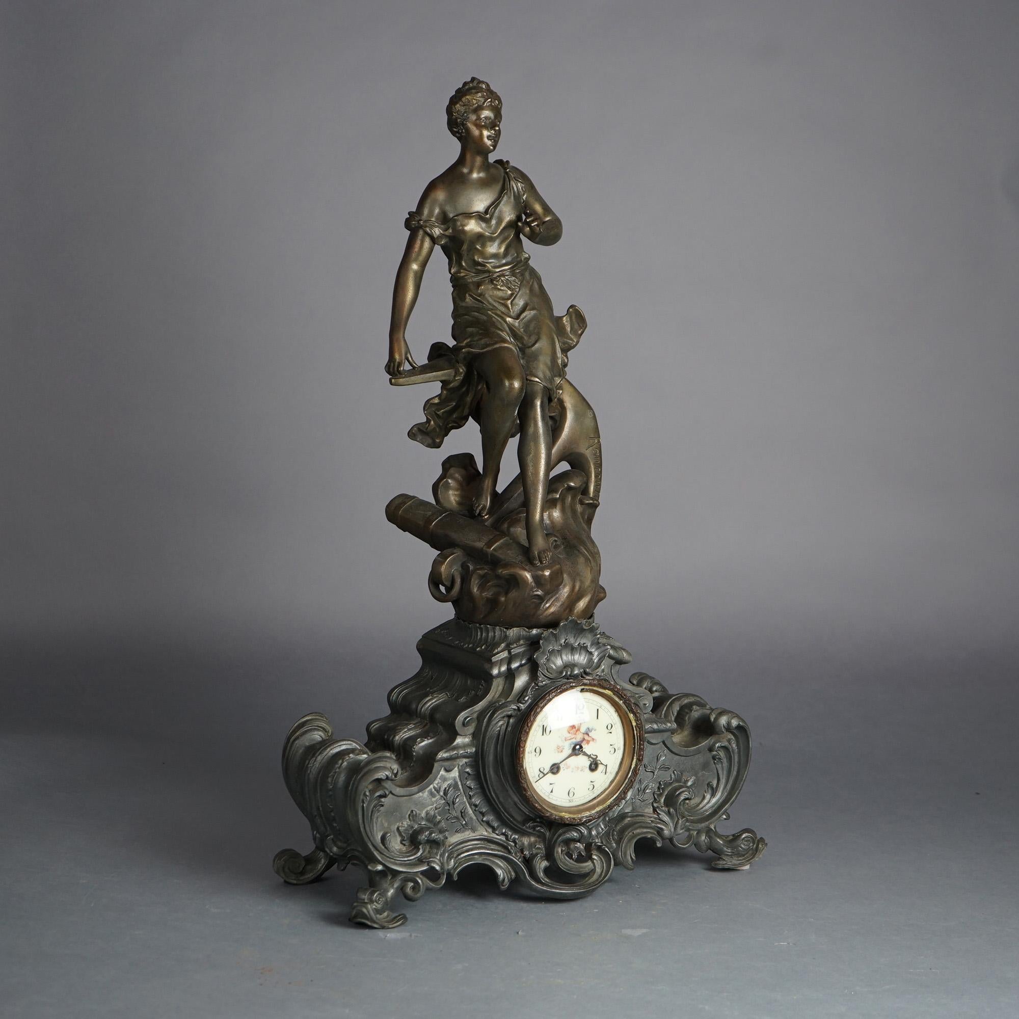 Antique Rococo Revival Bronzed Metal Figural Mantle Clock with Woman and Ship Anchor on Rough Seas on Footed Marble Base, Signed Rancoulet C1890

Measures- 26.5''H x 16''W x 8''D