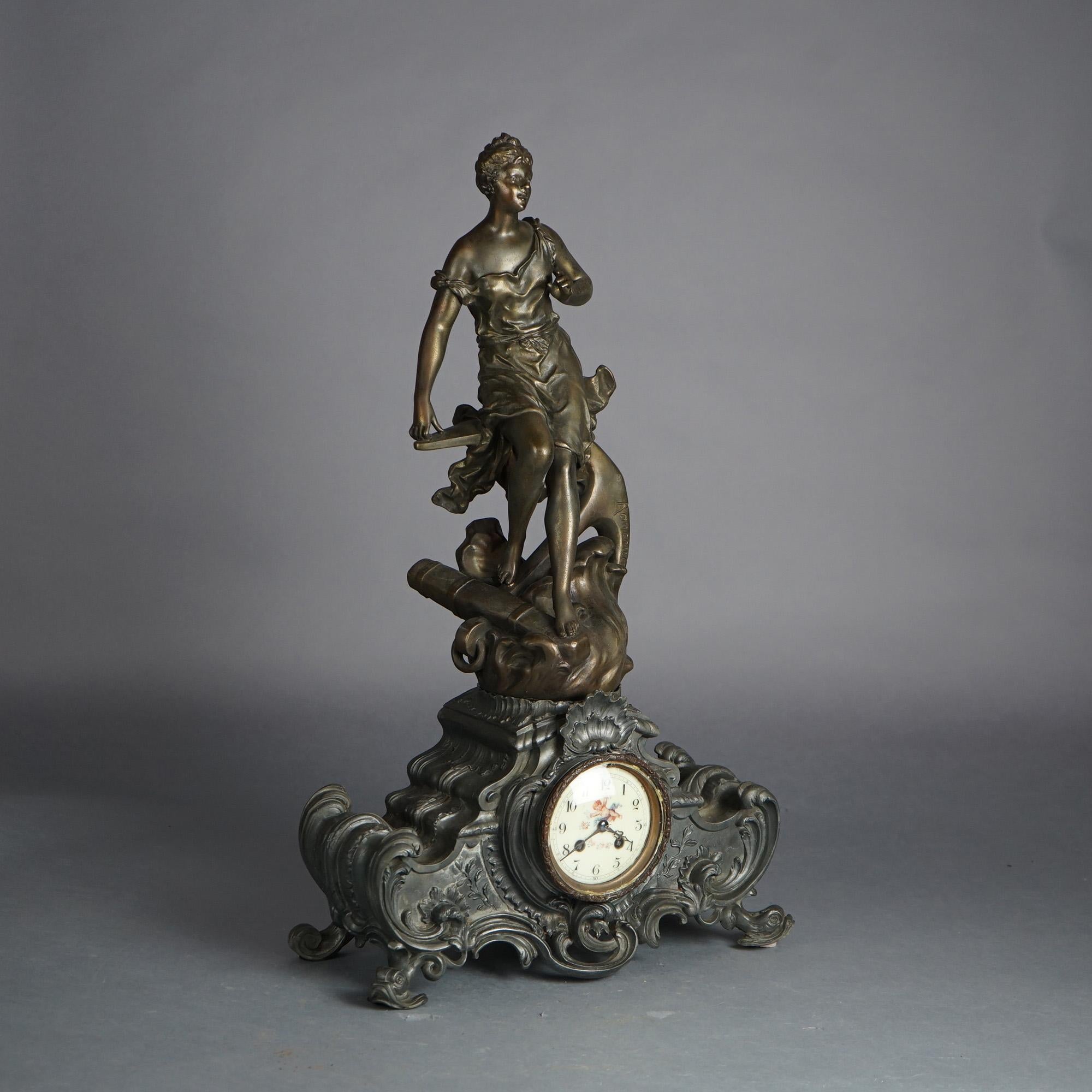 Antique Rococo Revival Bronzed Metal Figural Mantle Clock Signed Rancoulet C1890 In Good Condition In Big Flats, NY