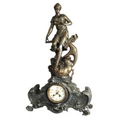 Antique Rococo Revival Bronzed Metal Figural Mantle Clock Signed Rancoulet C1890