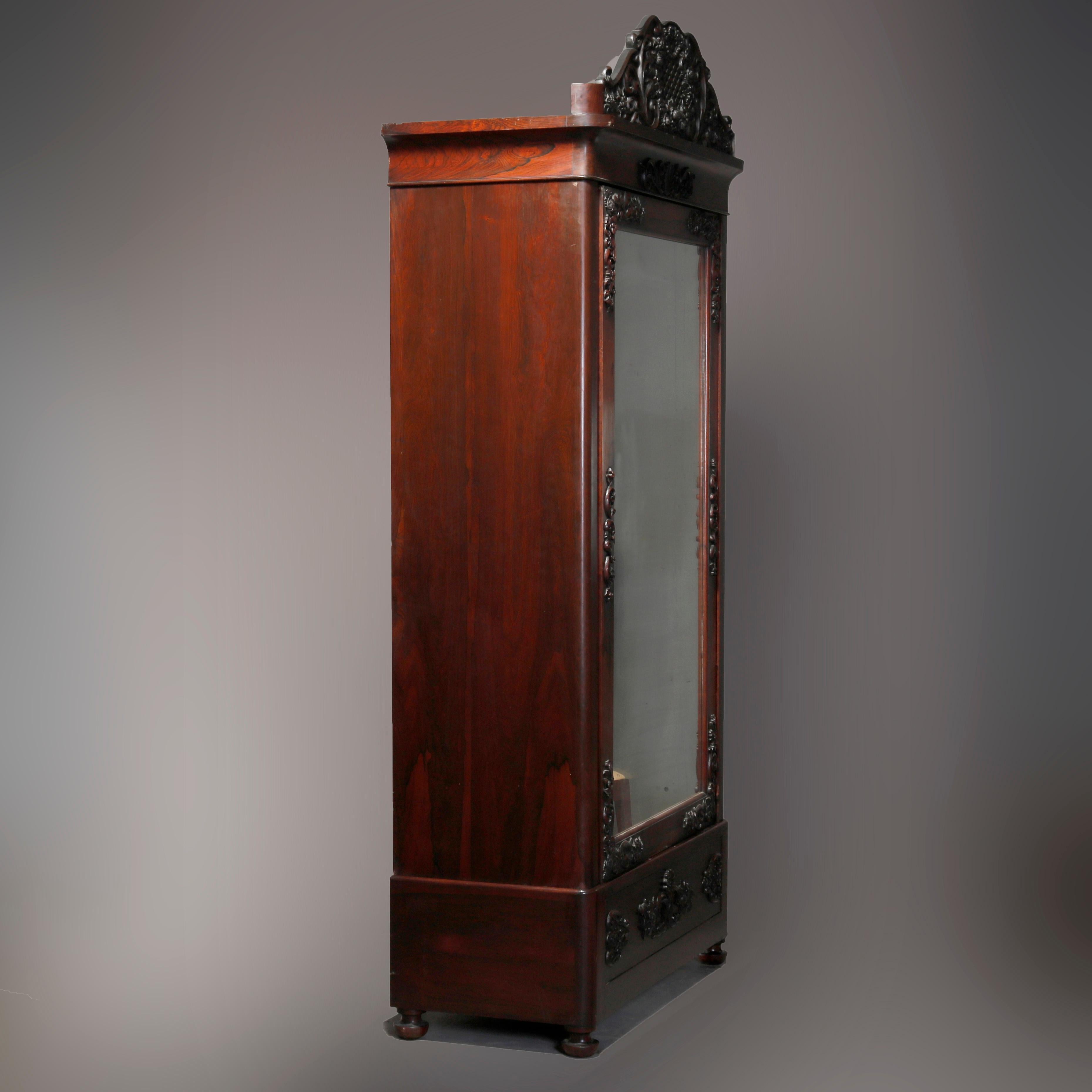 European Antique Rococo Revival Carved Rosewood Mirrored Armoire, circa 1860