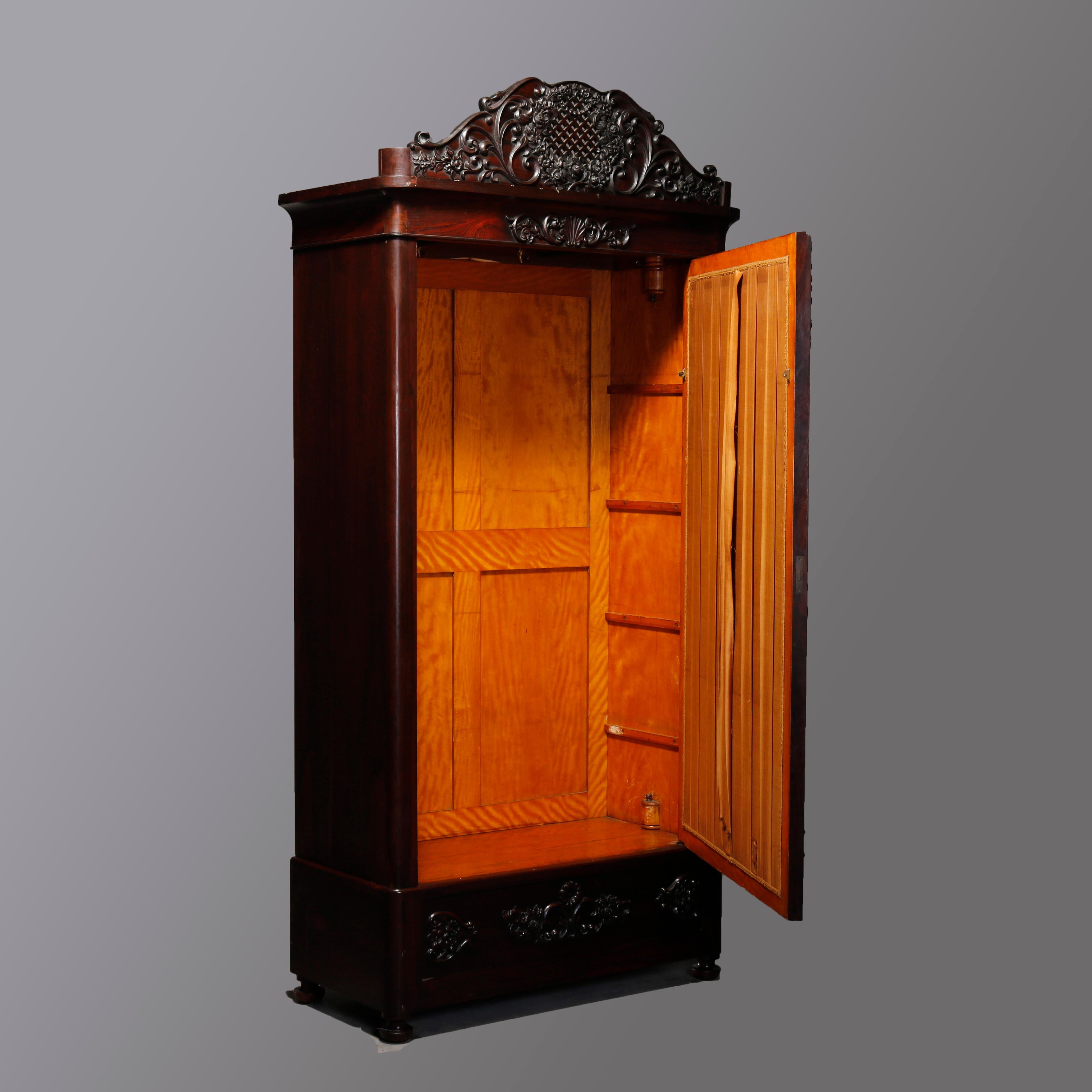 Antique Rococo Revival Carved Rosewood Mirrored Armoire, circa 1860 In Good Condition In Big Flats, NY