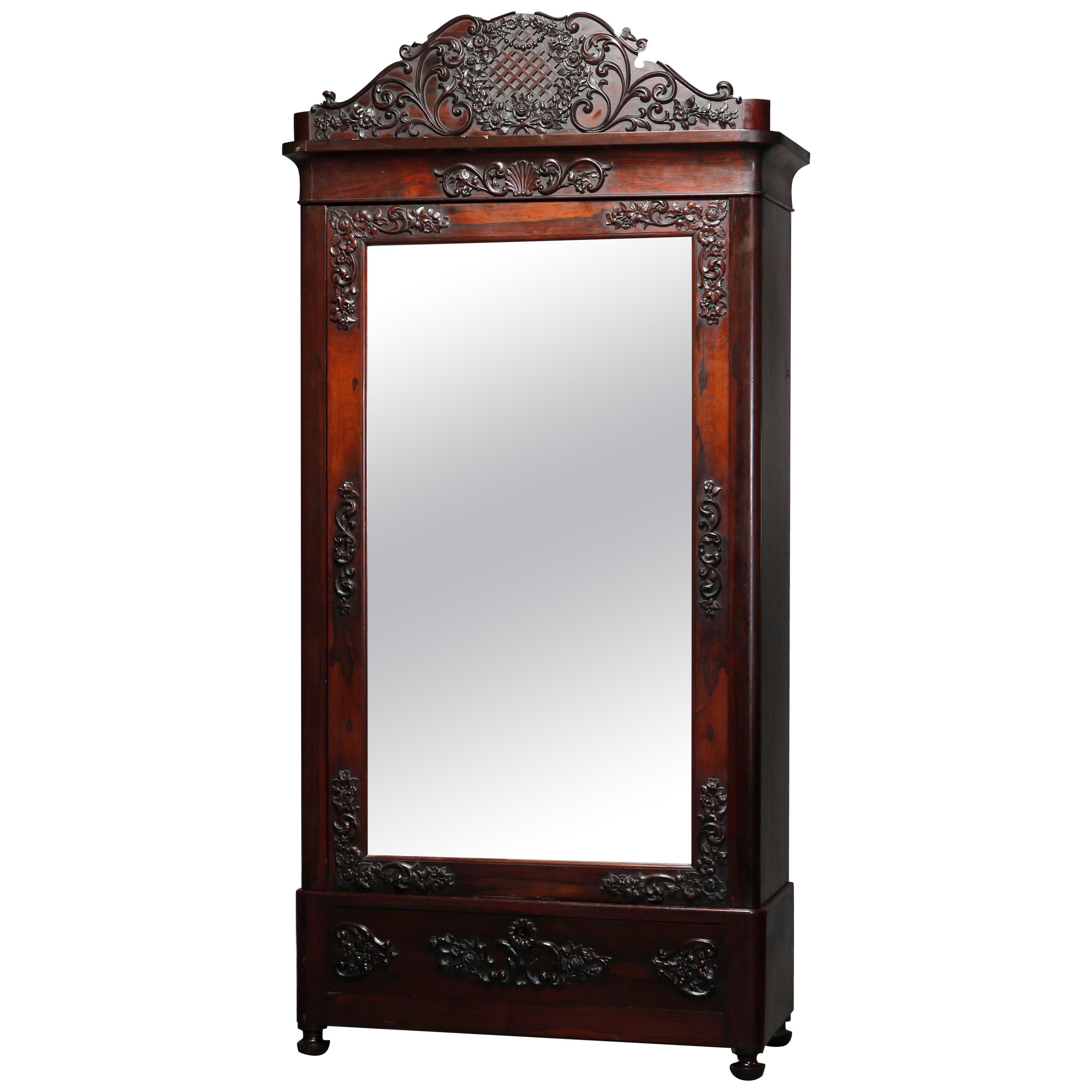 Antique Rococo Revival Carved Rosewood Mirrored Armoire, circa 1860