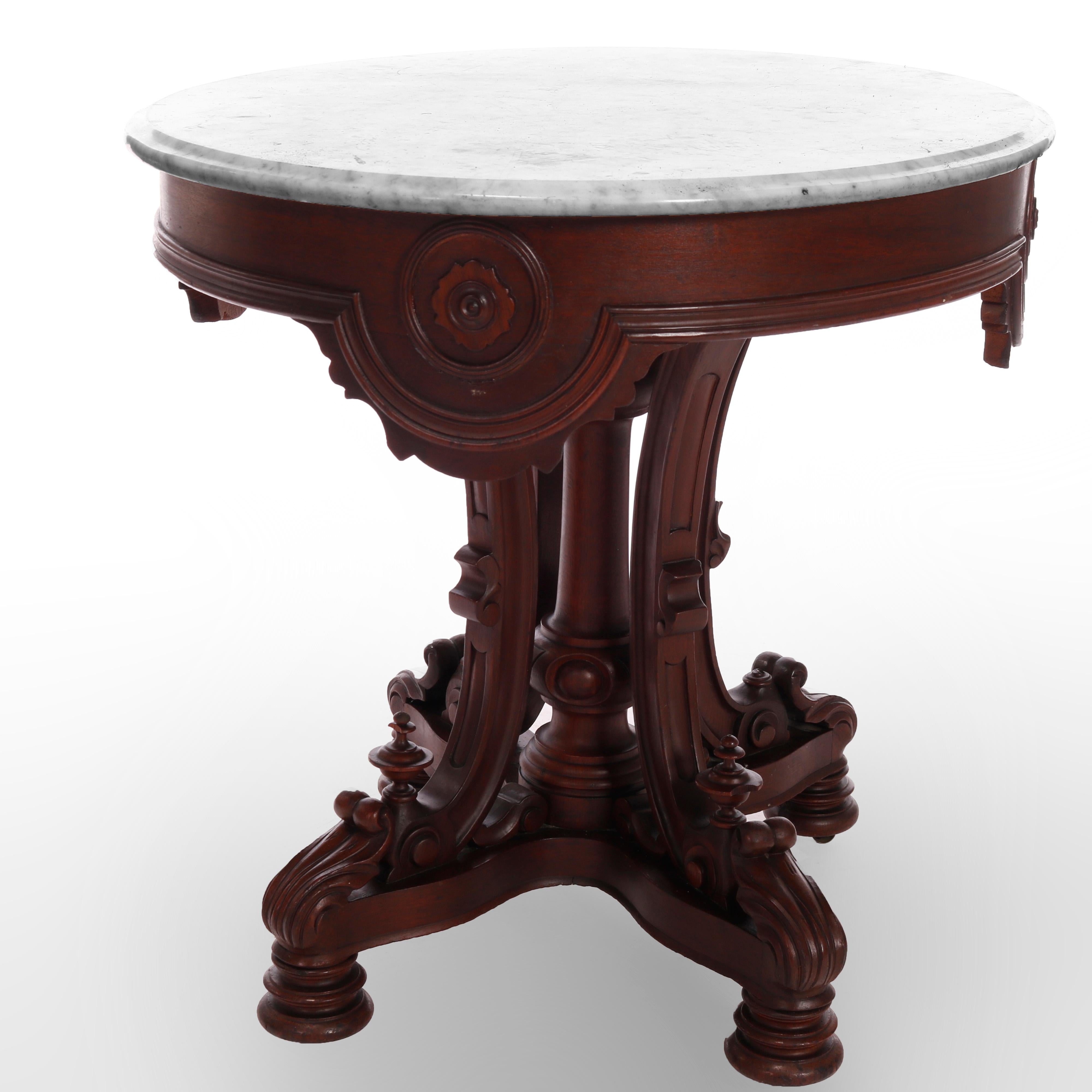 Antique Rococo Revival Carved Rosewood Oval Marble Top Table, Circa 1870 In Good Condition In Big Flats, NY