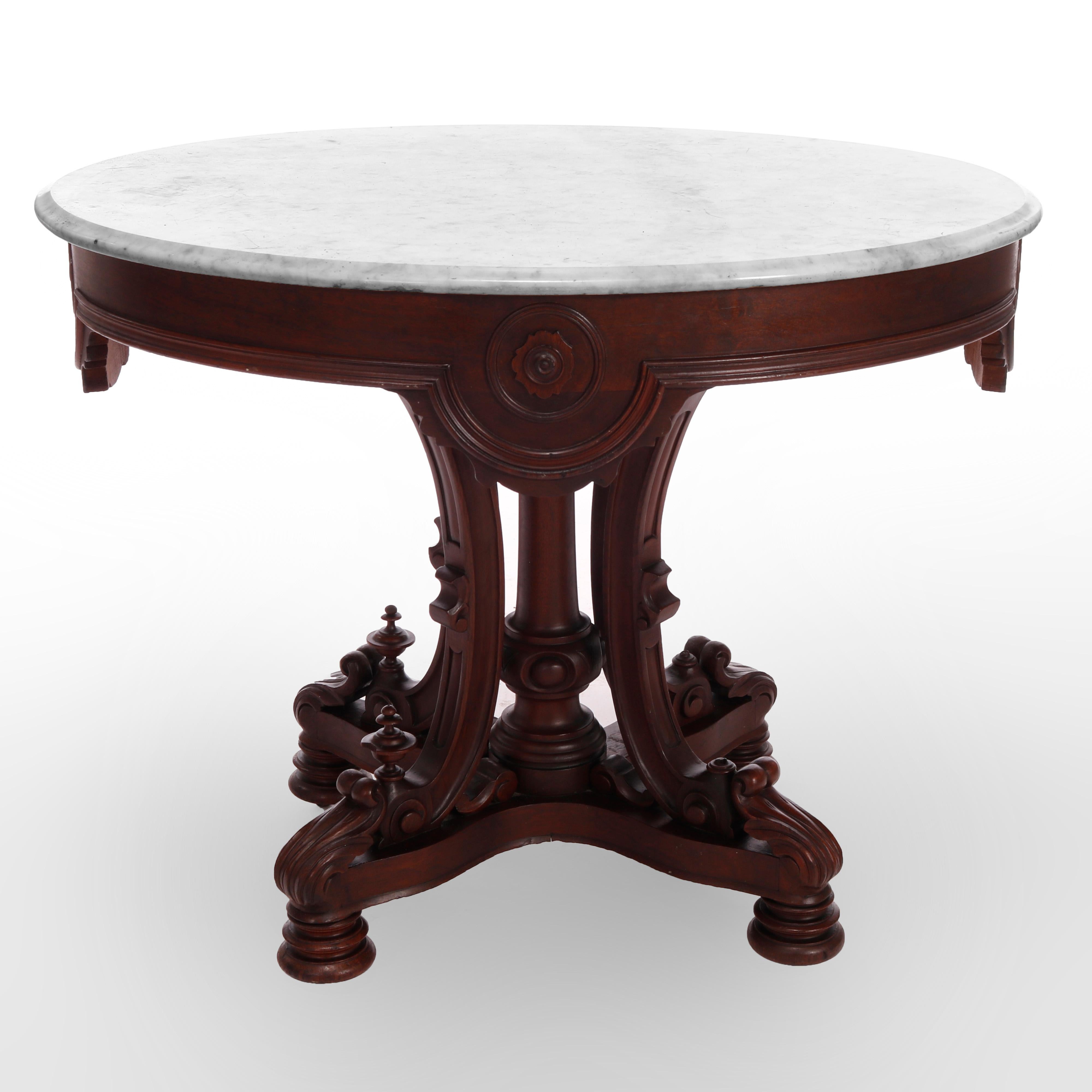 19th Century Antique Rococo Revival Carved Rosewood Oval Marble Top Table, Circa 1870