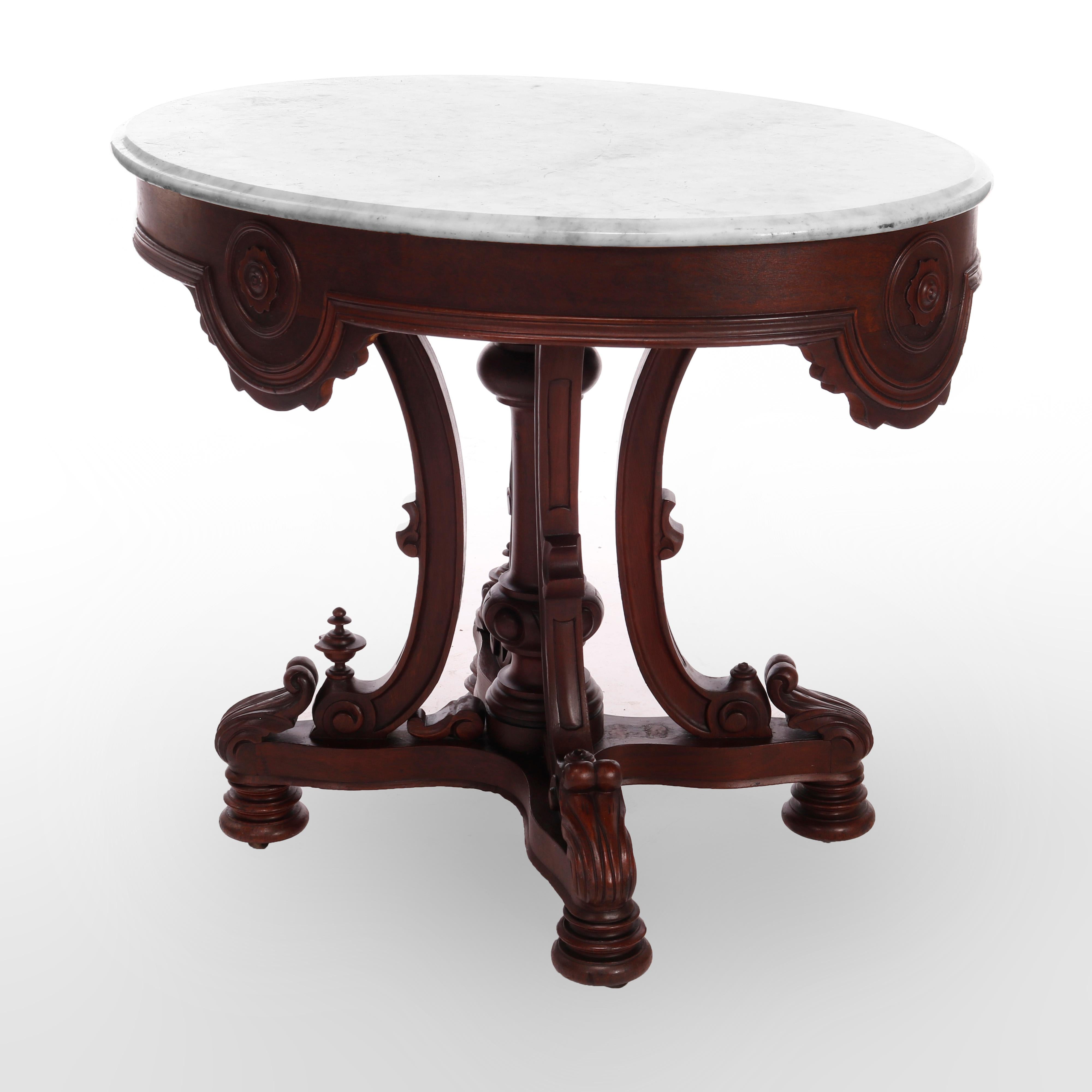 Antique Rococo Revival Carved Rosewood Oval Marble Top Table, Circa 1870 1