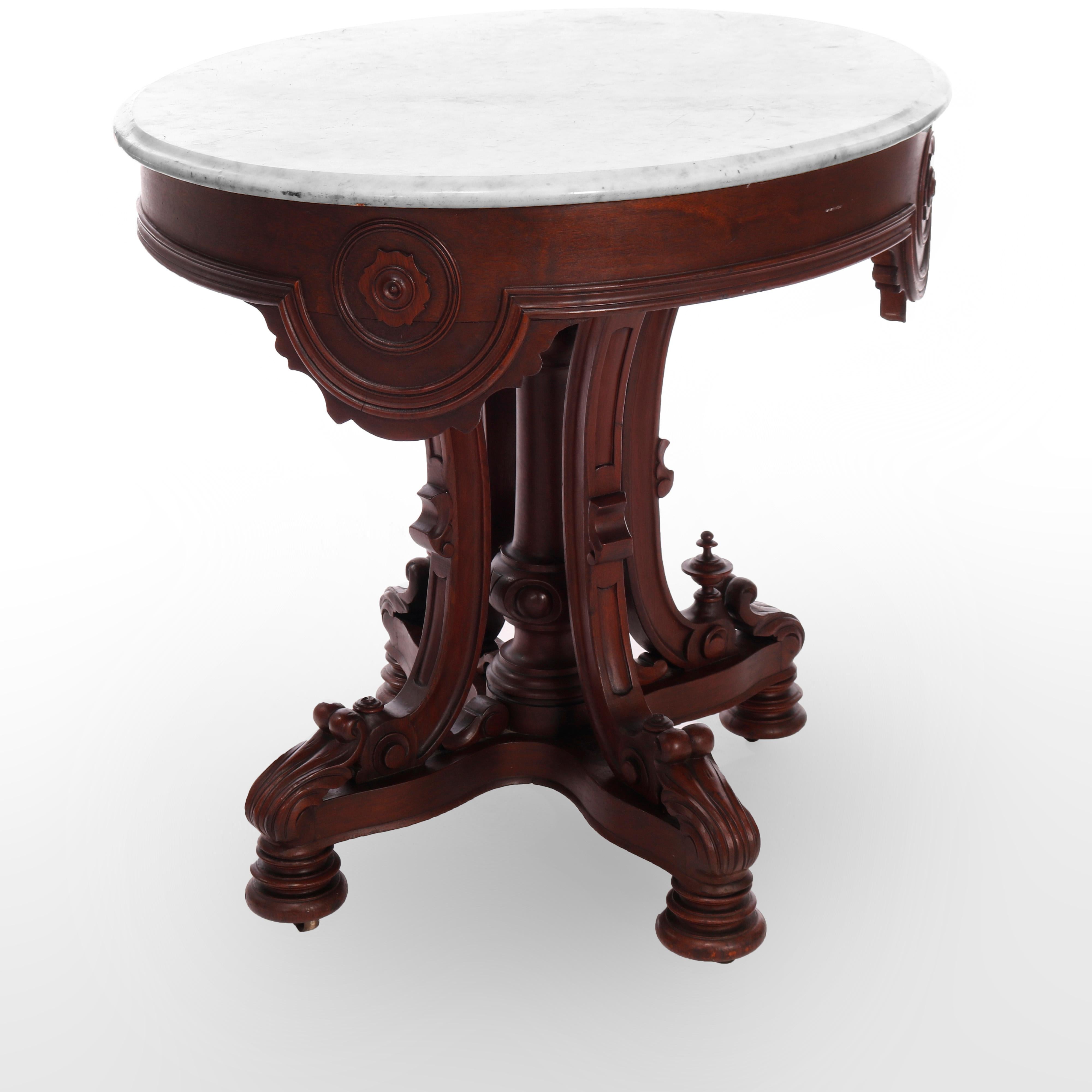 Antique Rococo Revival Carved Rosewood Oval Marble Top Table, Circa 1870 2