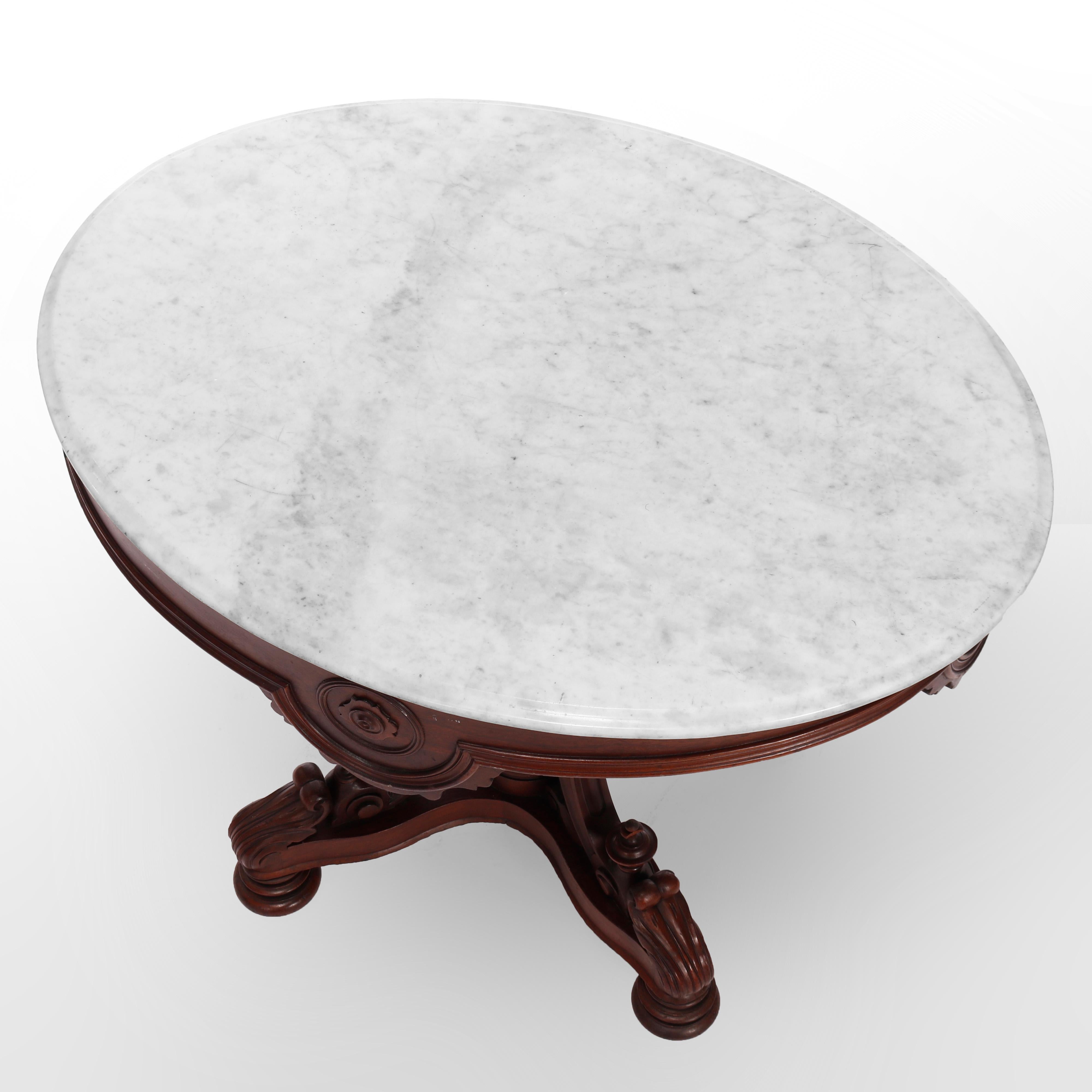 Antique Rococo Revival Carved Rosewood Oval Marble Top Table, Circa 1870 3