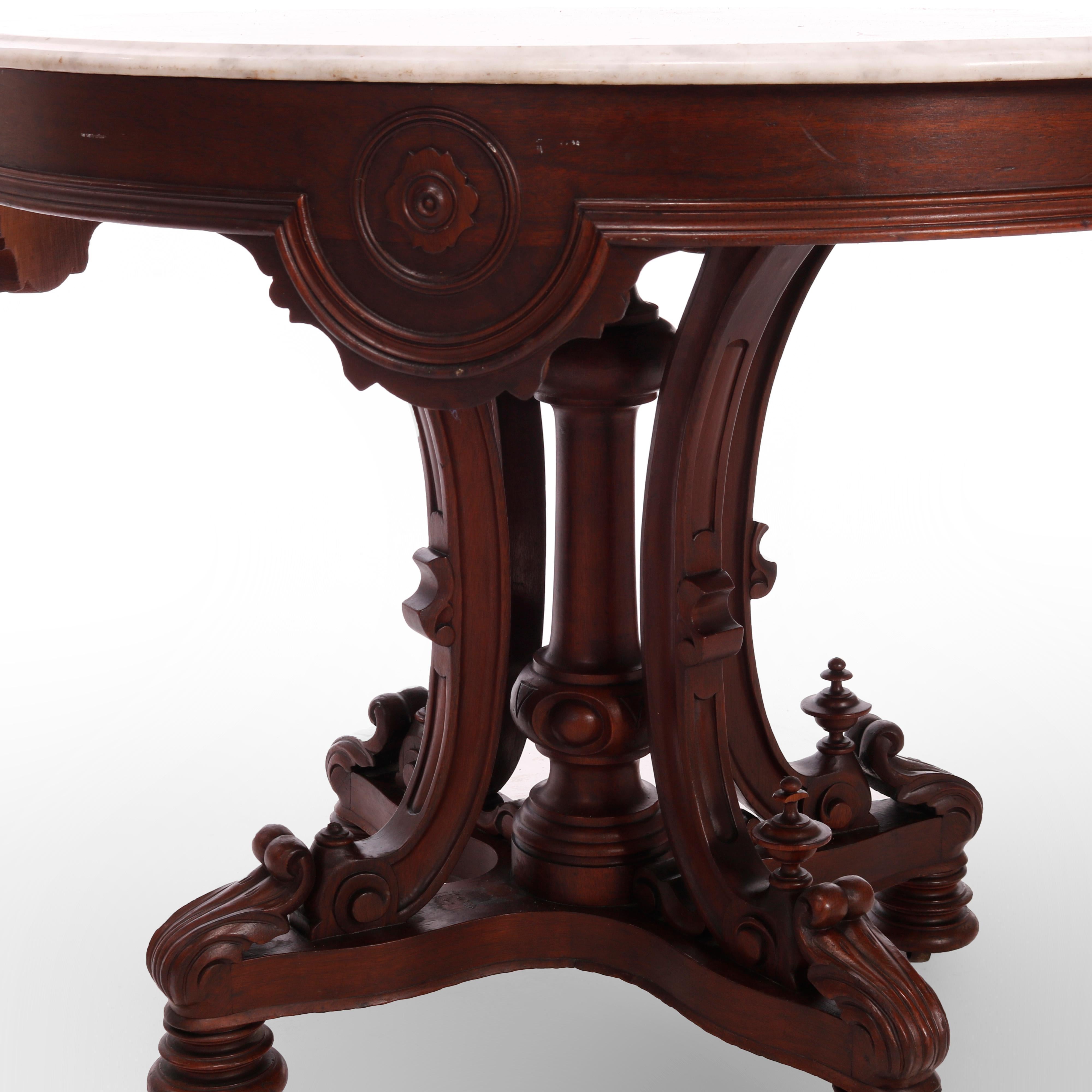 Antique Rococo Revival Carved Rosewood Oval Marble Top Table, Circa 1870 5