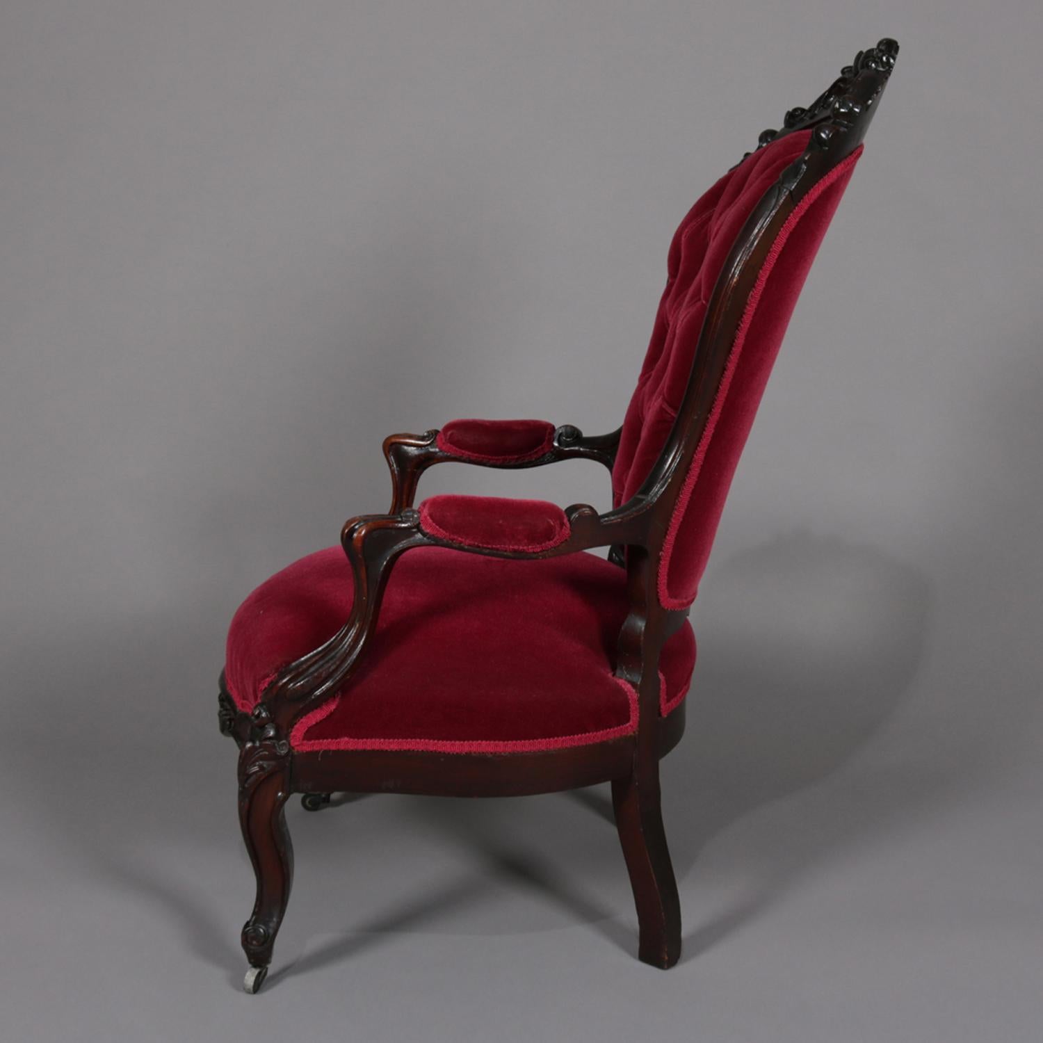 Antique Rococo Revival Carved Walnut and Velvet Button Back Parlor Armchair In Good Condition In Big Flats, NY