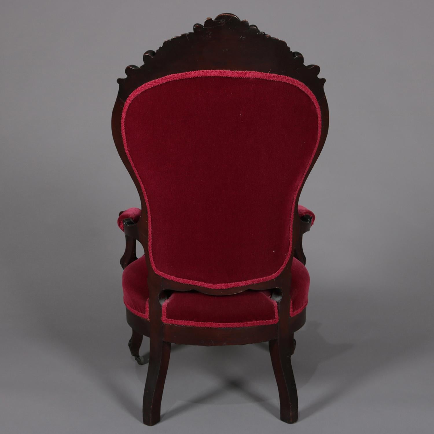 19th Century Antique Rococo Revival Carved Walnut and Velvet Button Back Parlor Armchair