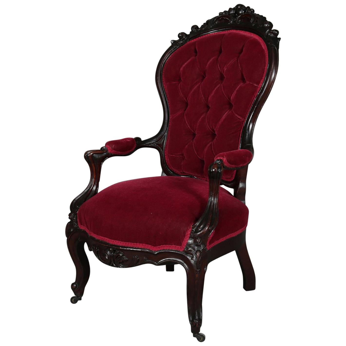 Antique Rococo Revival Carved Walnut and Velvet Button Back Parlor Armchair