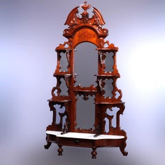 Antique Rococo Revival Carved Walnut & Marble Mirrored Etagere, c1870
