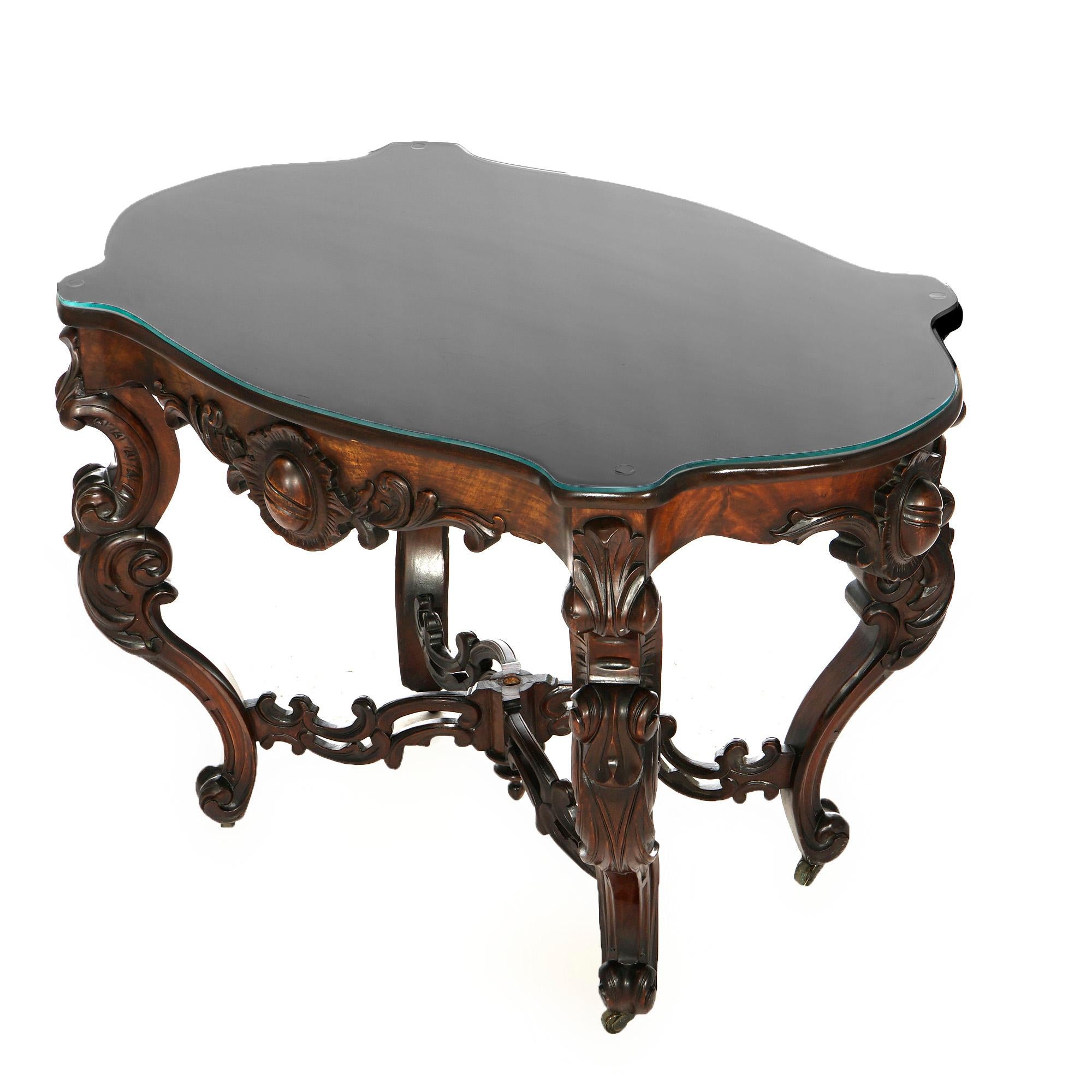 European Antique Rococo Revival Carved Walnut & Marble Turtle Top Parlor Table 19th C