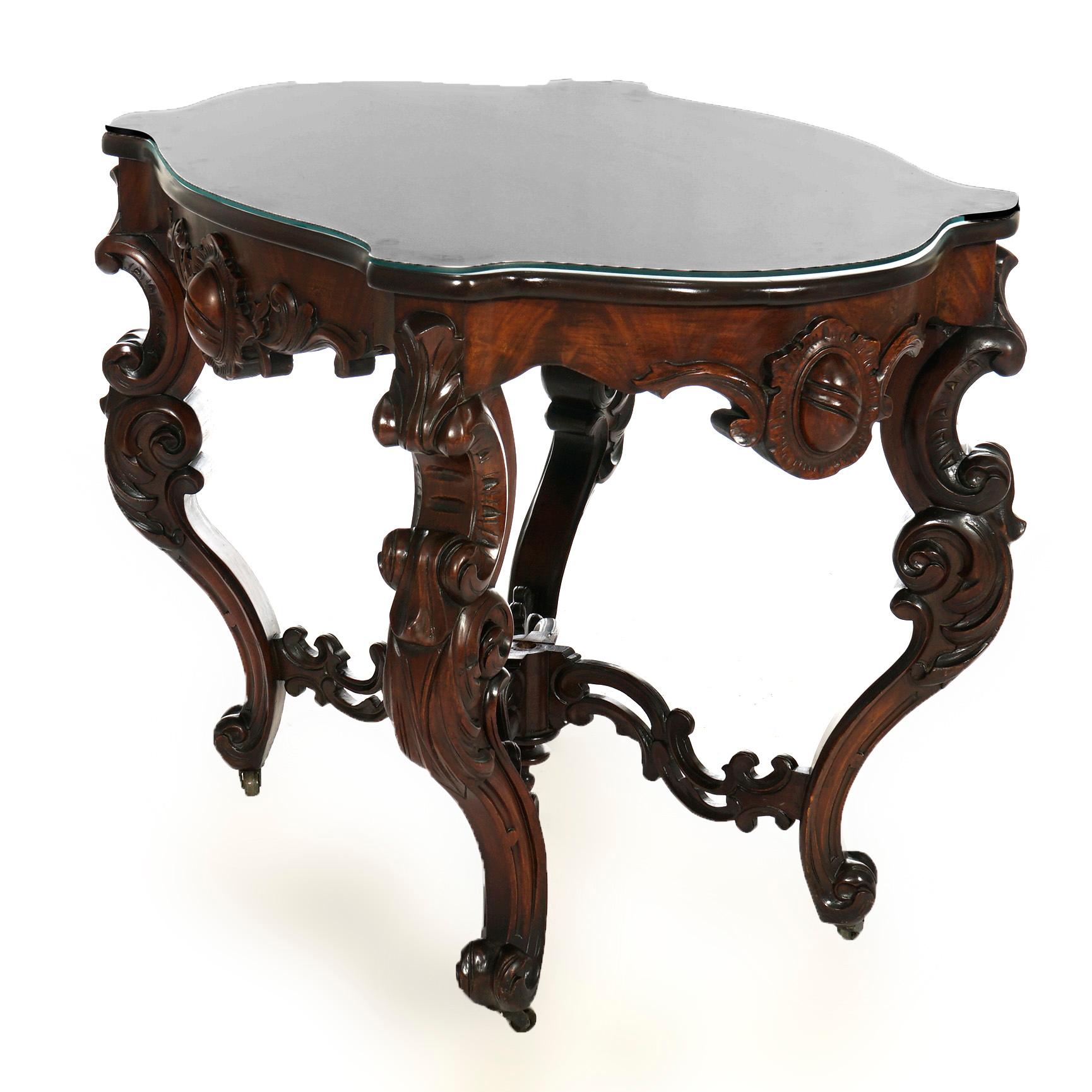 Antique Rococo Revival Carved Walnut & Marble Turtle Top Parlor Table 19th C In Good Condition In Big Flats, NY