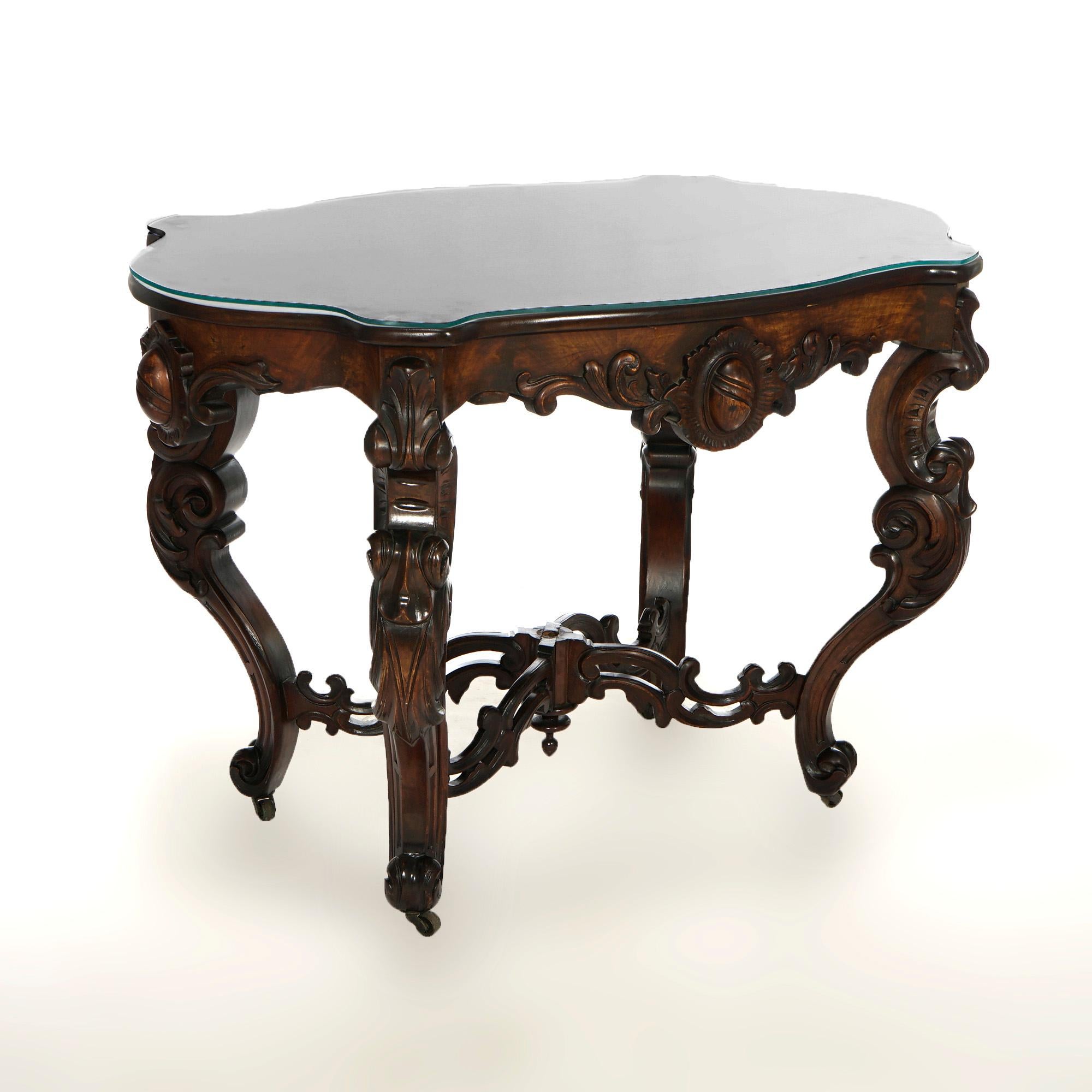 19th Century Antique Rococo Revival Carved Walnut & Marble Turtle Top Parlor Table 19th C