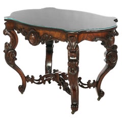 Antique Rococo Revival Carved Walnut & Marble Turtle Top Parlor Table 19th C