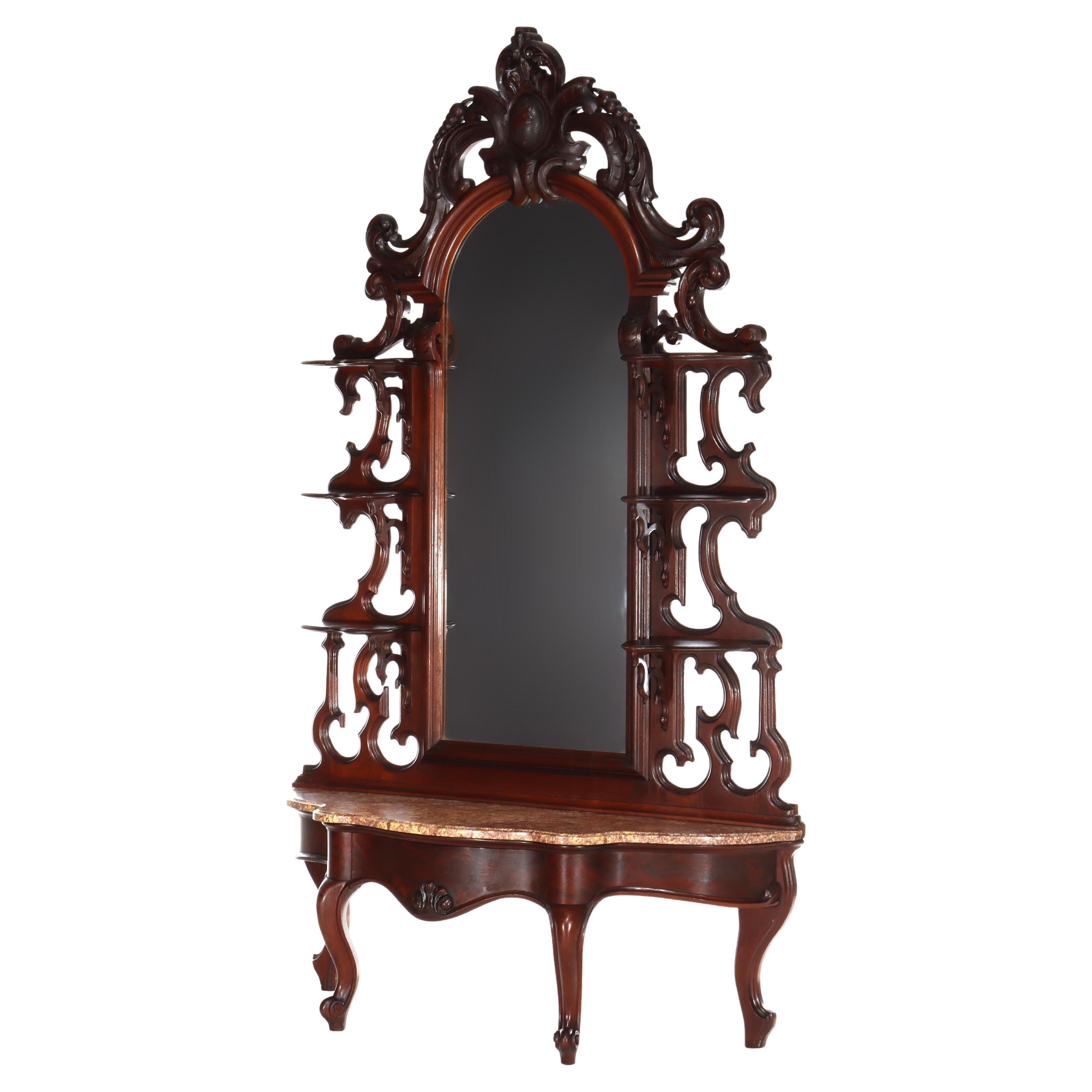Antique Rococo Revival Carved Walnut Rouge Marble Top Pier Mirror c1890 For Sale
