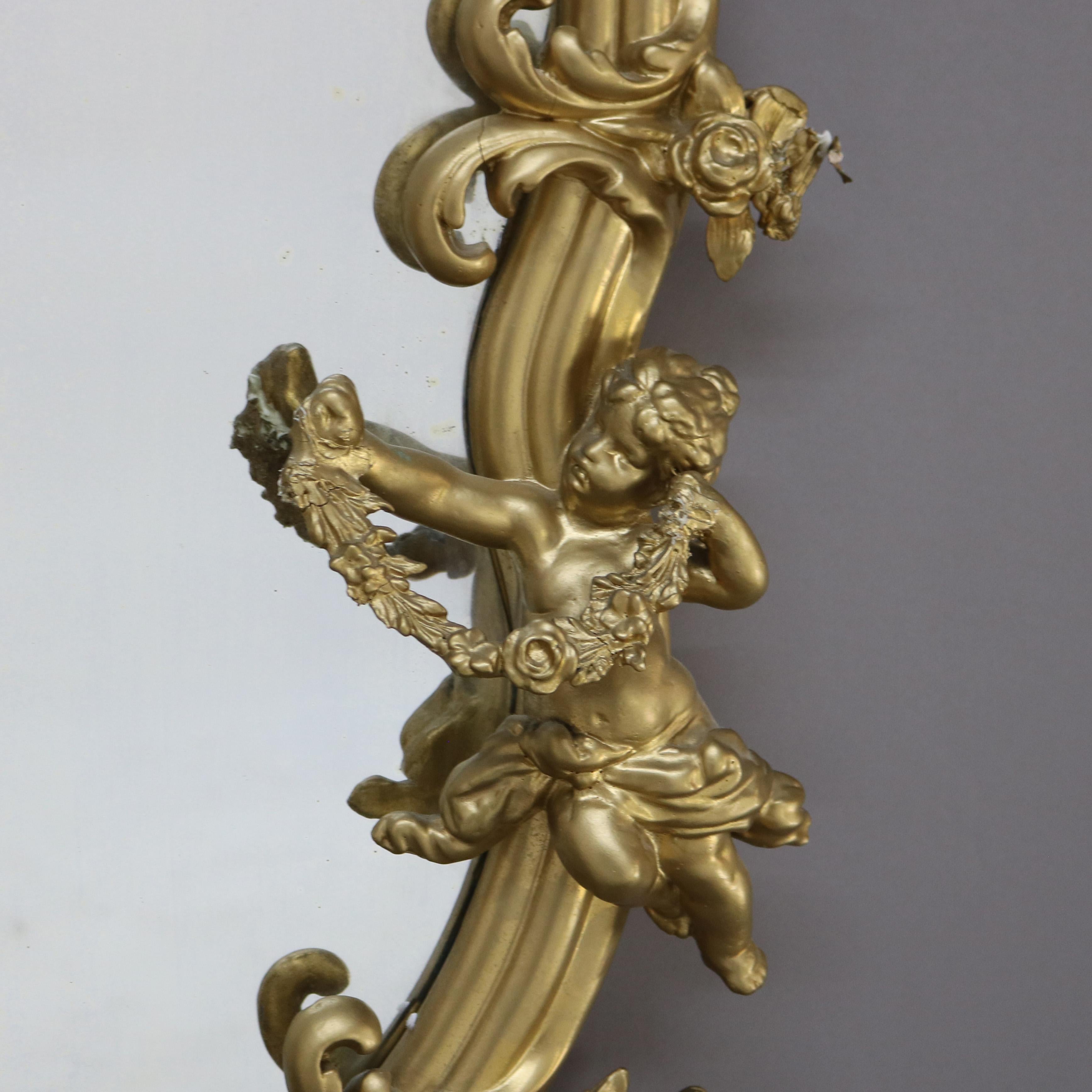 Antique Rococo Revival Figural Cherub & Floral Carved Giltwood Wall Mirror c1890 In Good Condition In Big Flats, NY