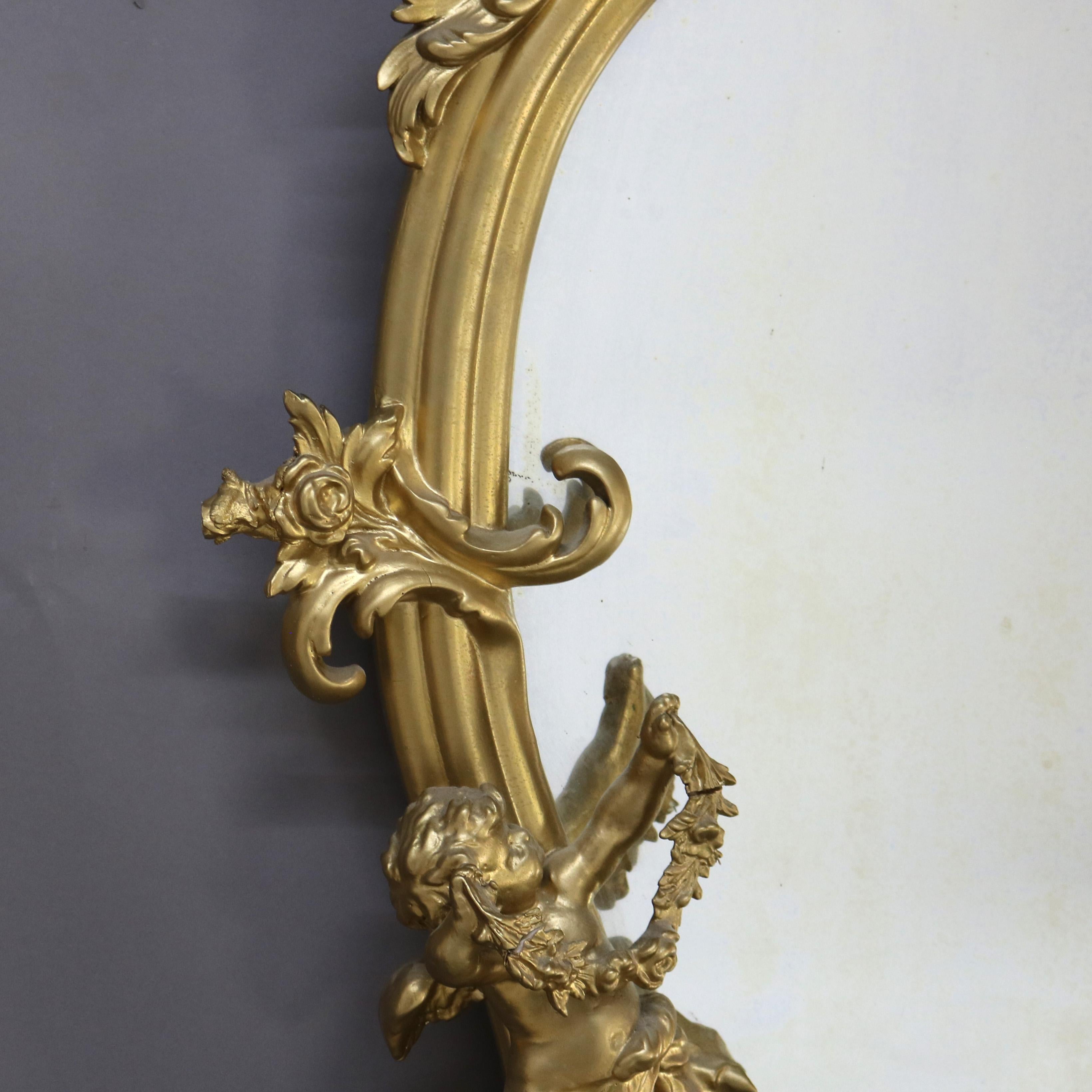 Antique Rococo Revival Figural Cherub & Floral Carved Giltwood Wall Mirror c1890 2