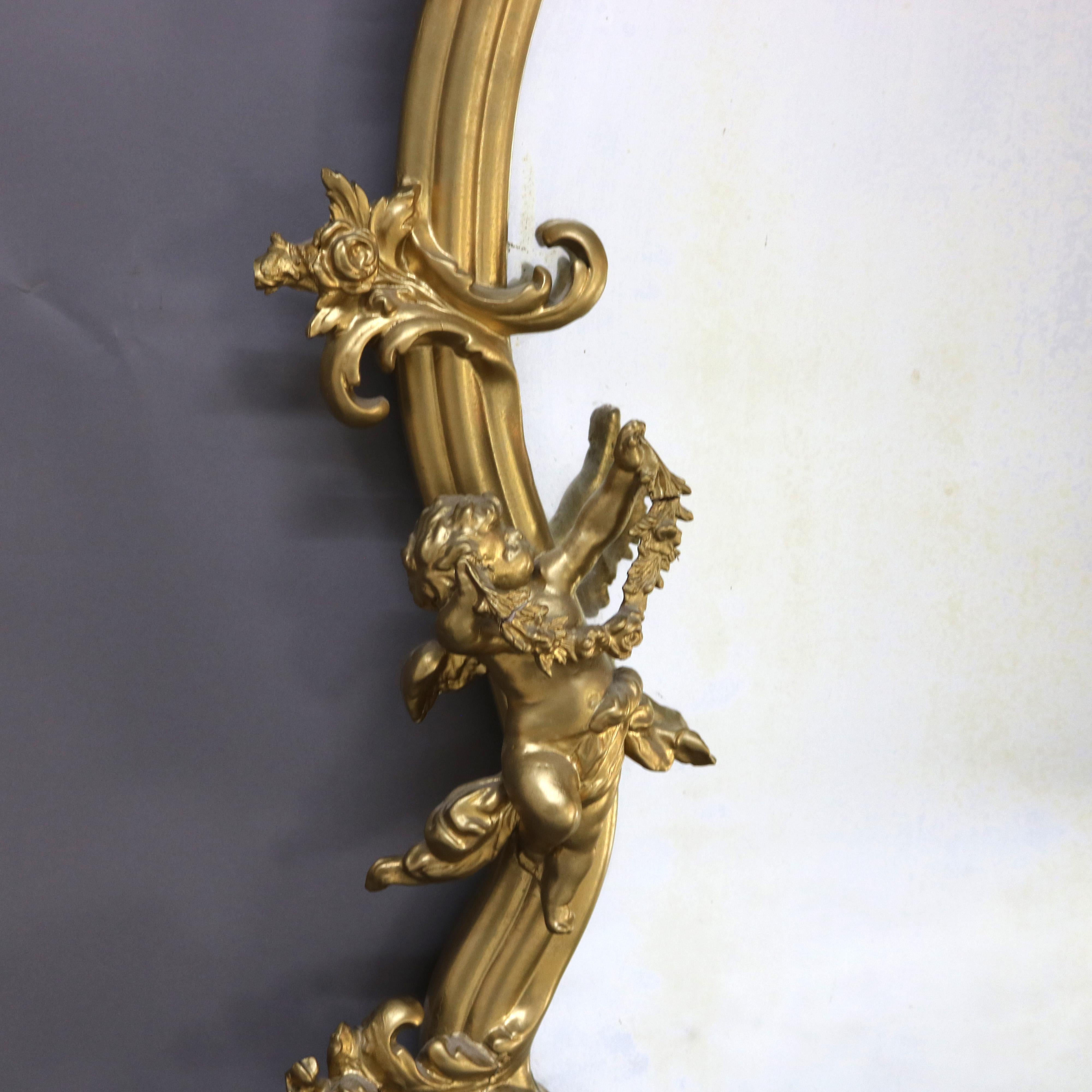 Antique Rococo Revival Figural Cherub & Floral Carved Giltwood Wall Mirror c1890 3