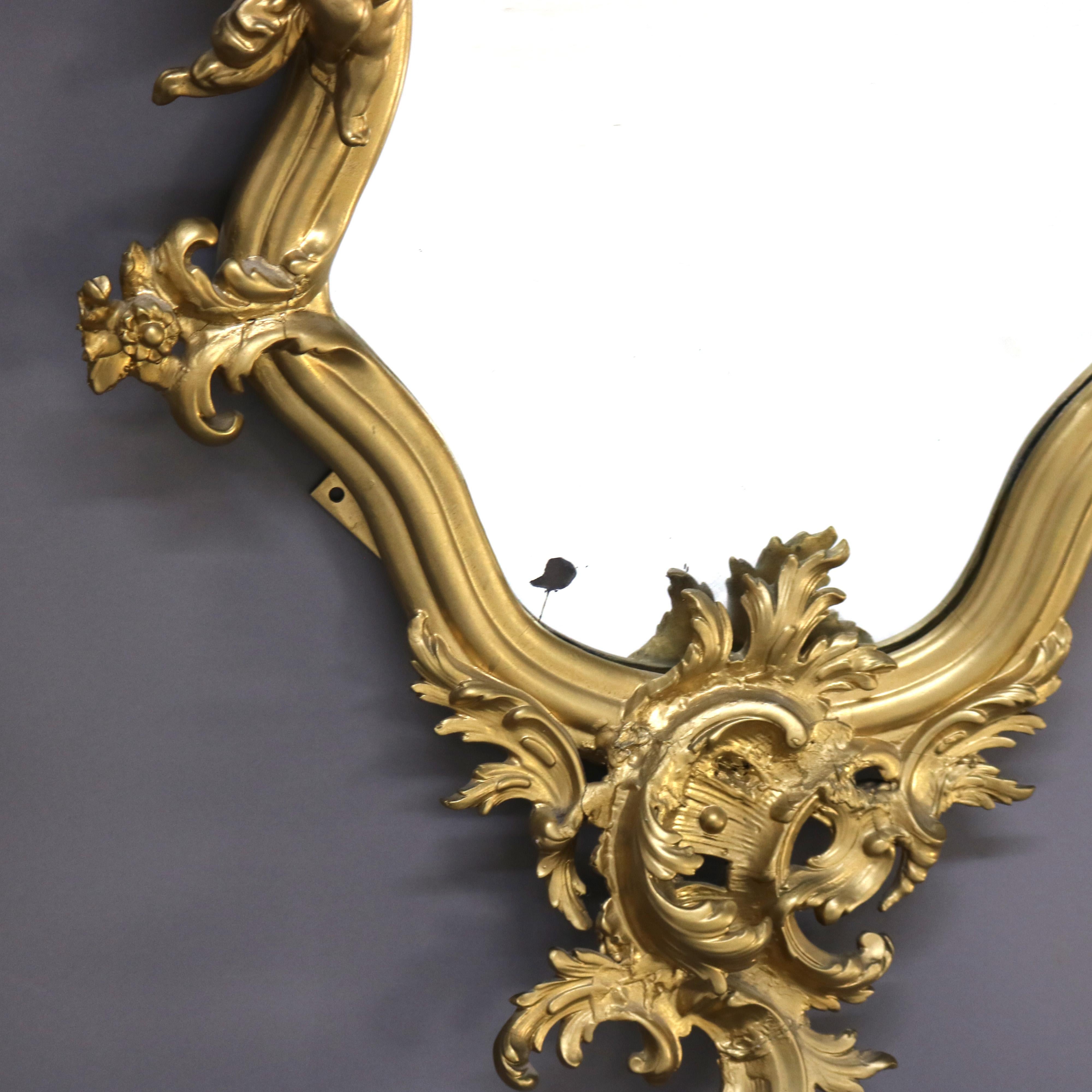 Antique Rococo Revival Figural Cherub & Floral Carved Giltwood Wall Mirror c1890 4