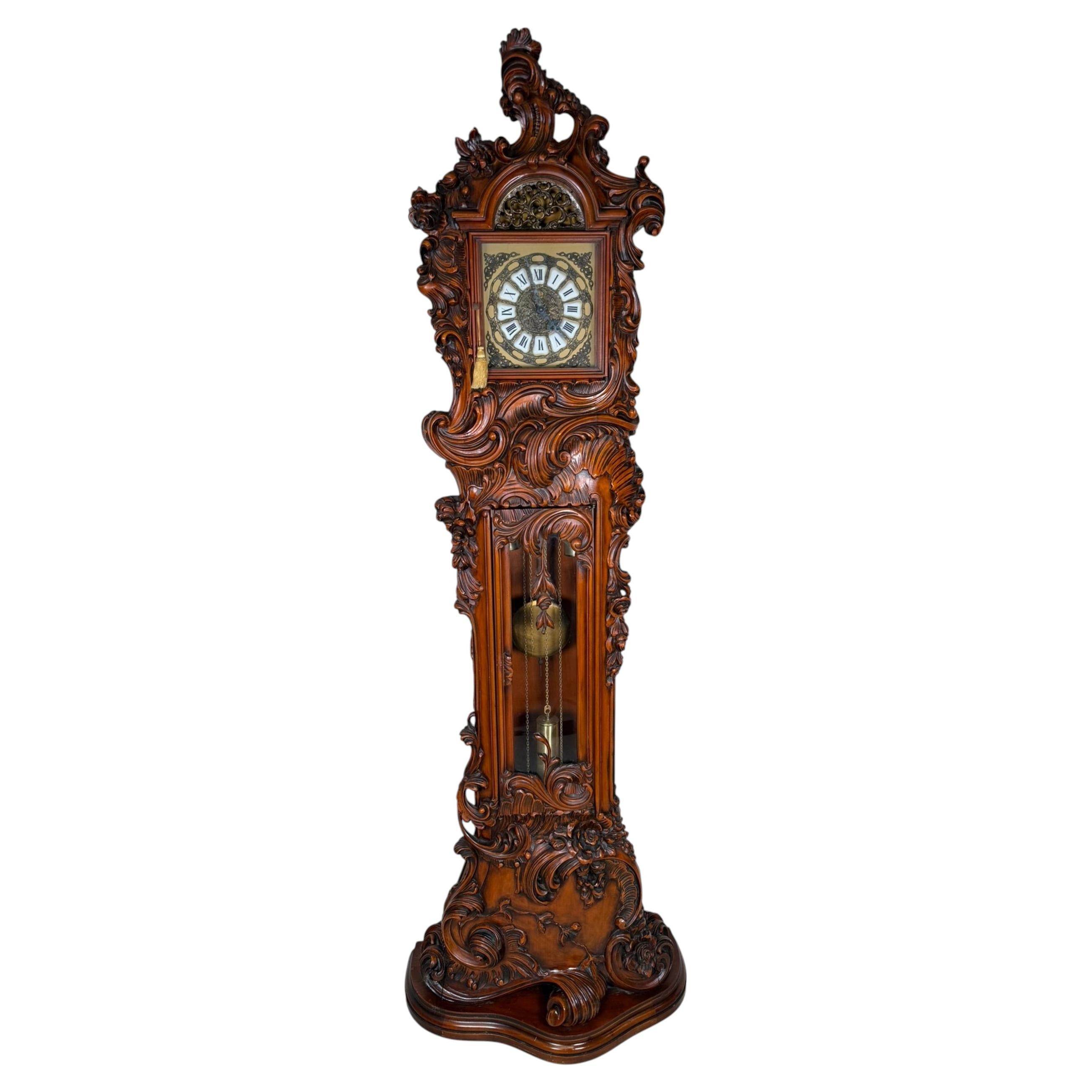 Antique Rococo Revival Grandfather Clock, Hand-Carved Wooden Case