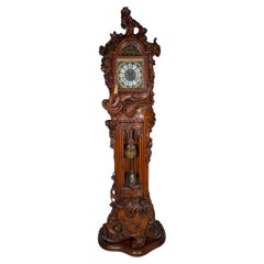Antique Rococo Revival Grandfather Clock, Hand-Carved Wooden Case