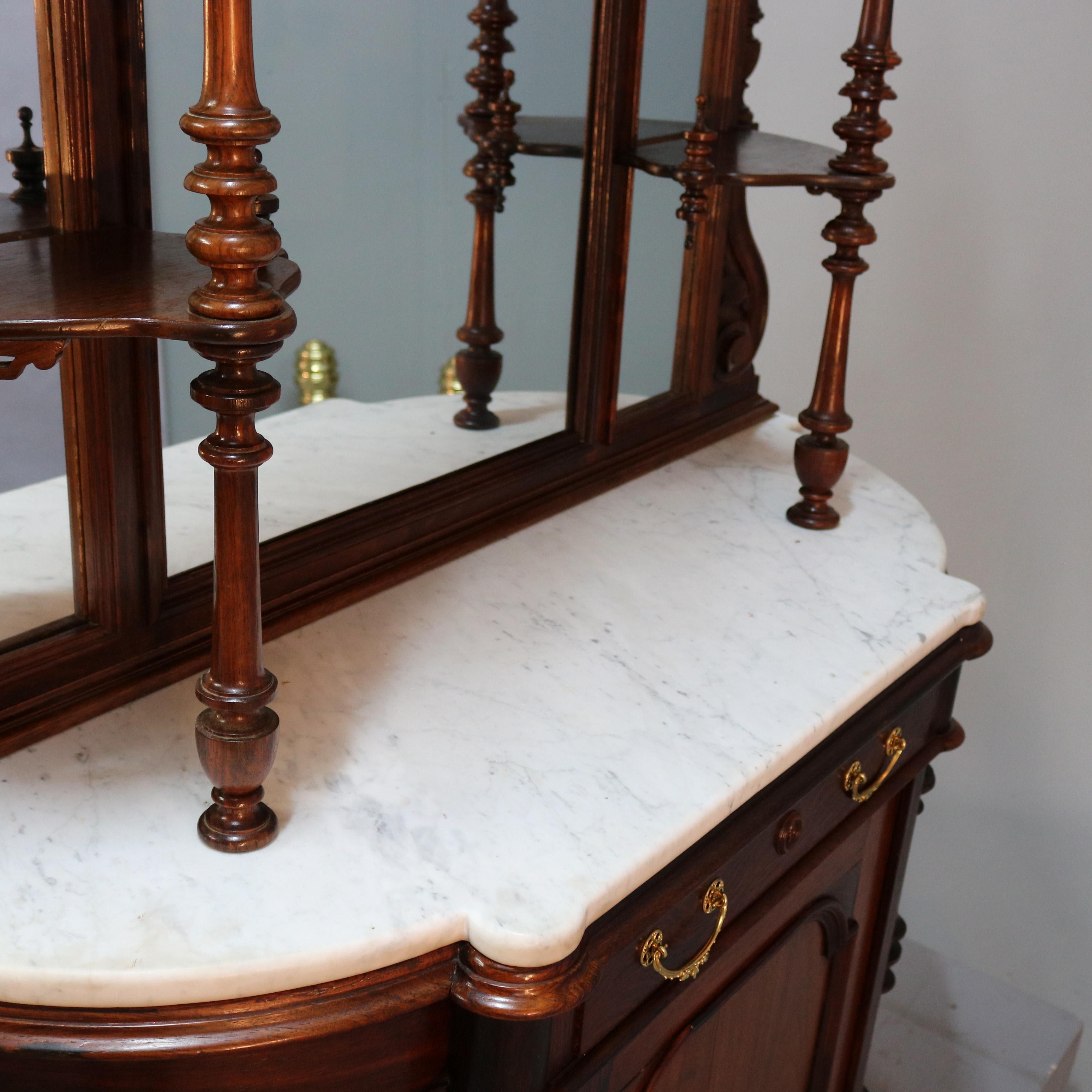 Antique Rococo Revival Rosewood Marble Top & Mirrored Étagère Sideboard, c 1860 In Good Condition In Big Flats, NY