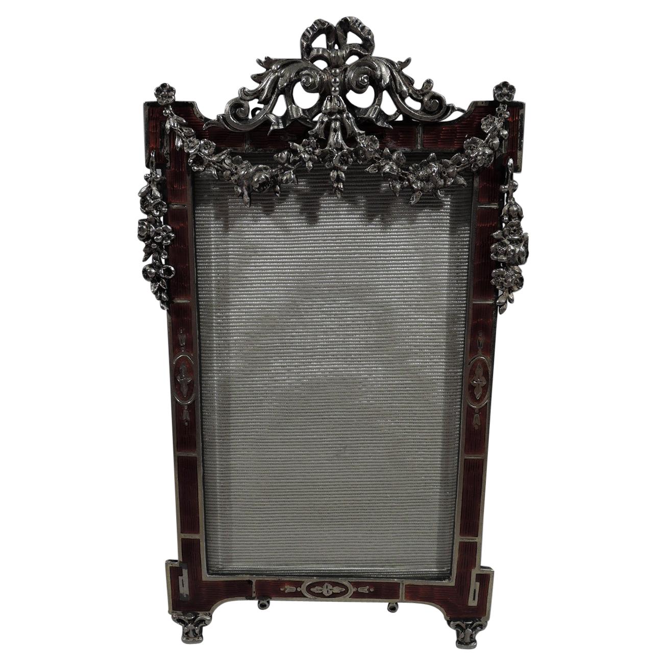 Antique Rococo Revival Silver Picture Frame with Dramatic Red Enamel