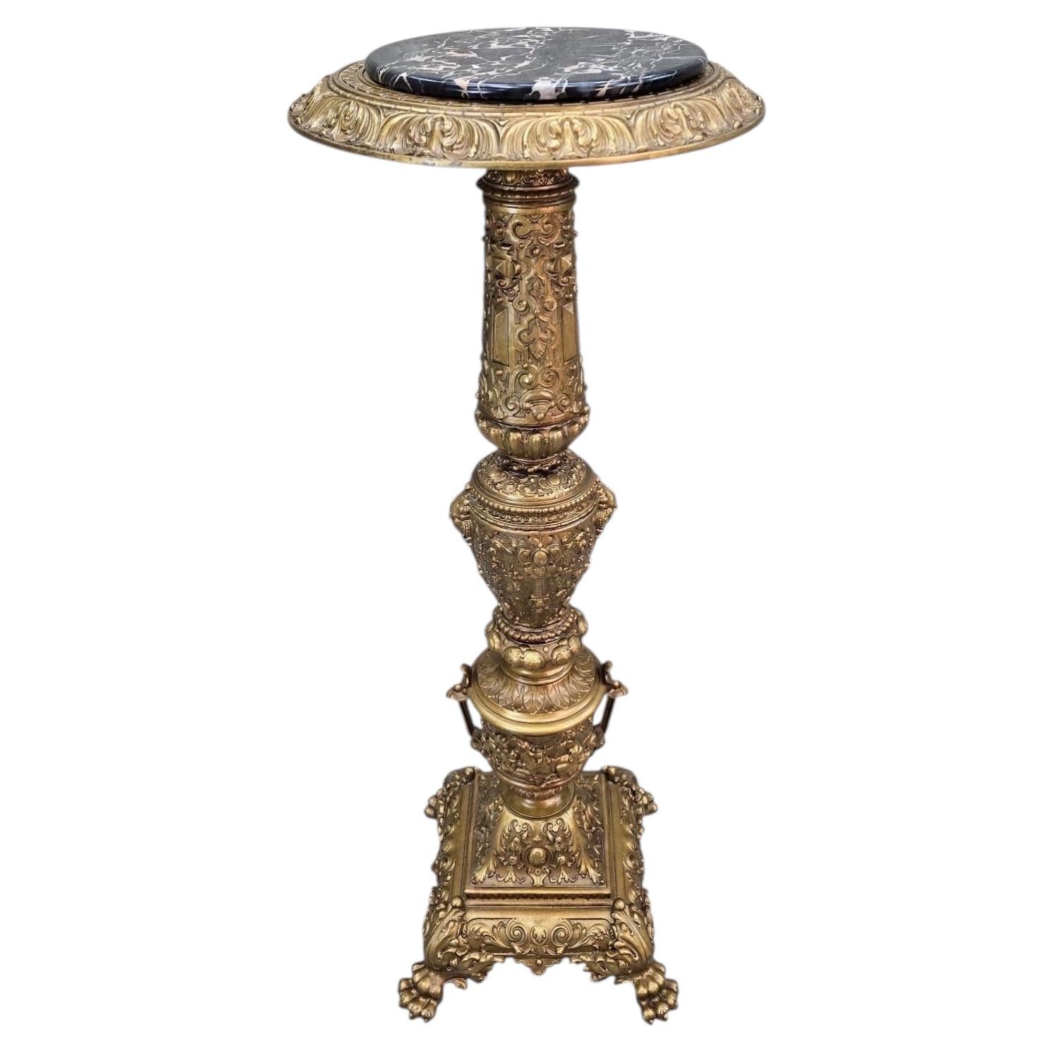 Antique Rococo Revival Style Bronze and Marble Pedestal Stand