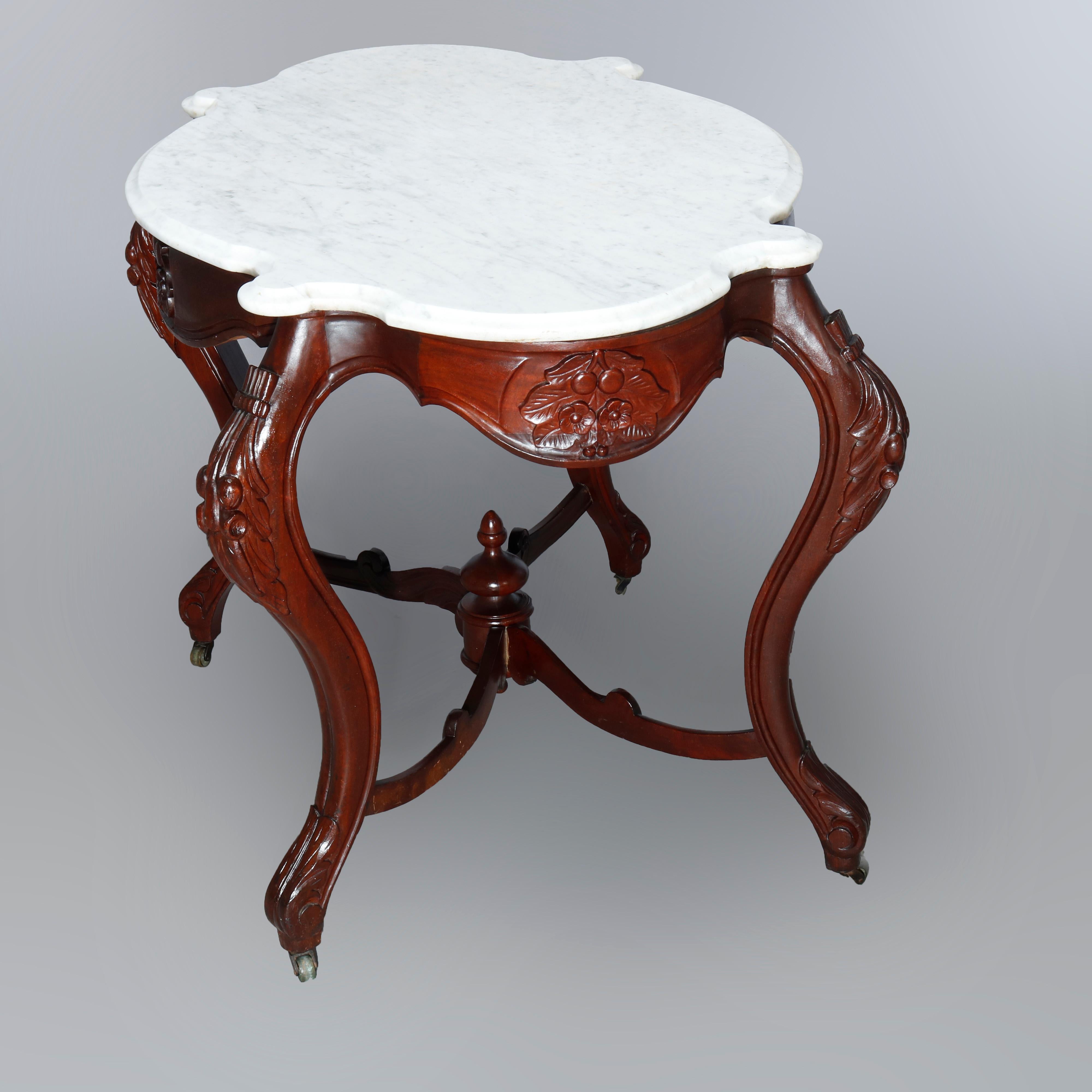 Antique Rococo Revival Turtle Top Carved Walnut & Marble Center Table, c1870 4