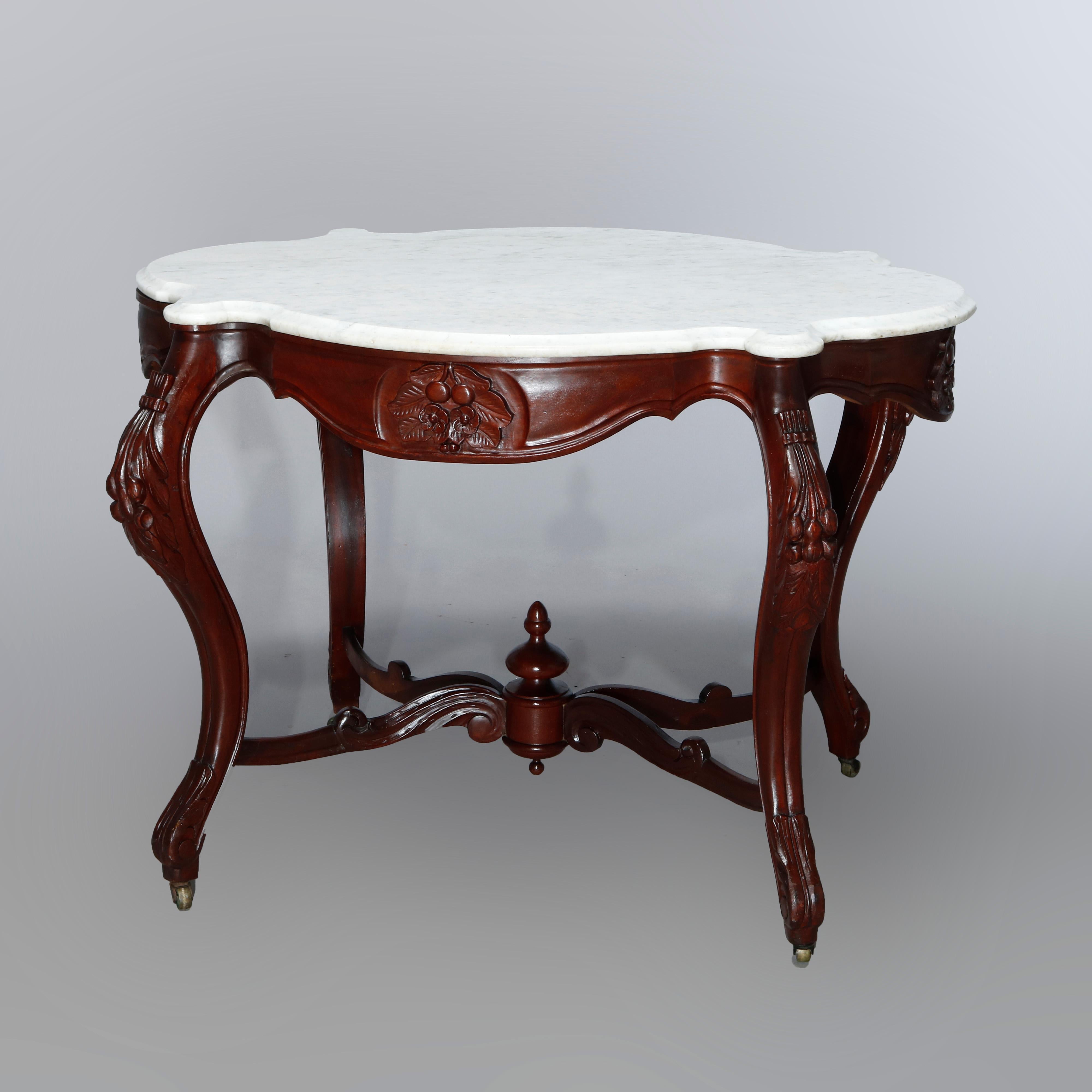 Antique Rococo Revival Turtle Top Carved Walnut & Marble Center Table, c1870 5