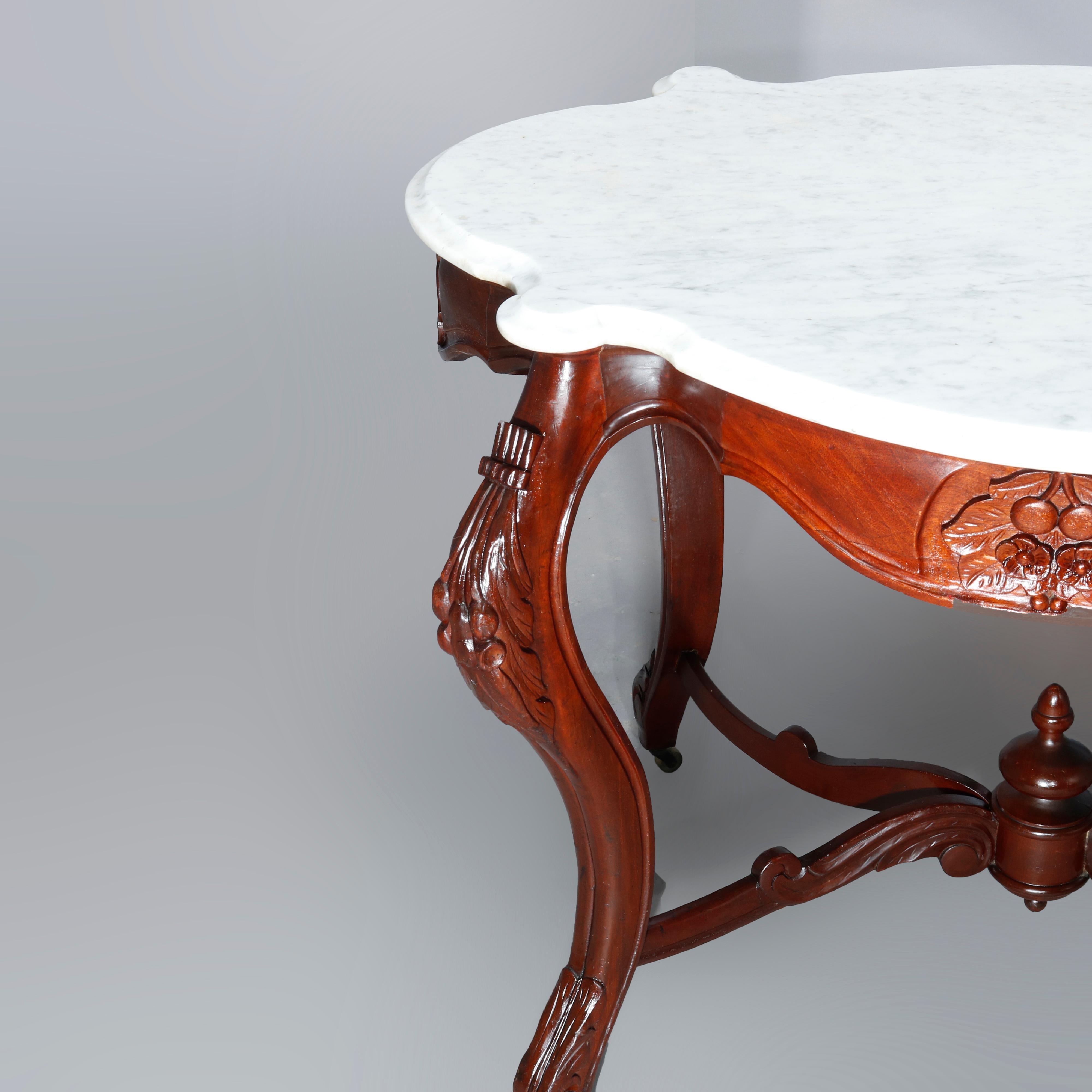 European Antique Rococo Revival Turtle Top Carved Walnut & Marble Center Table, c1870