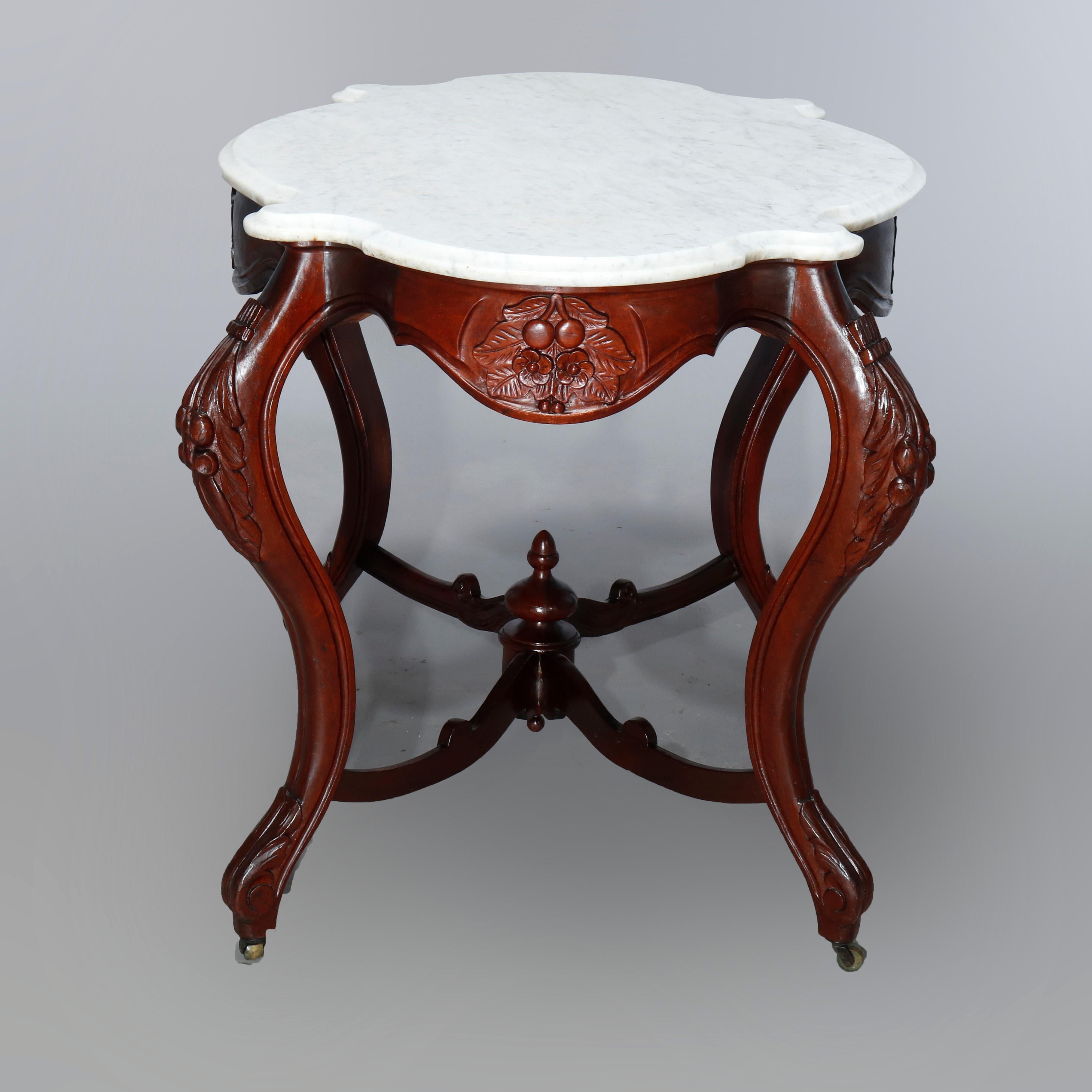 Antique Rococo Revival Turtle Top Carved Walnut & Marble Center Table, c1870 2