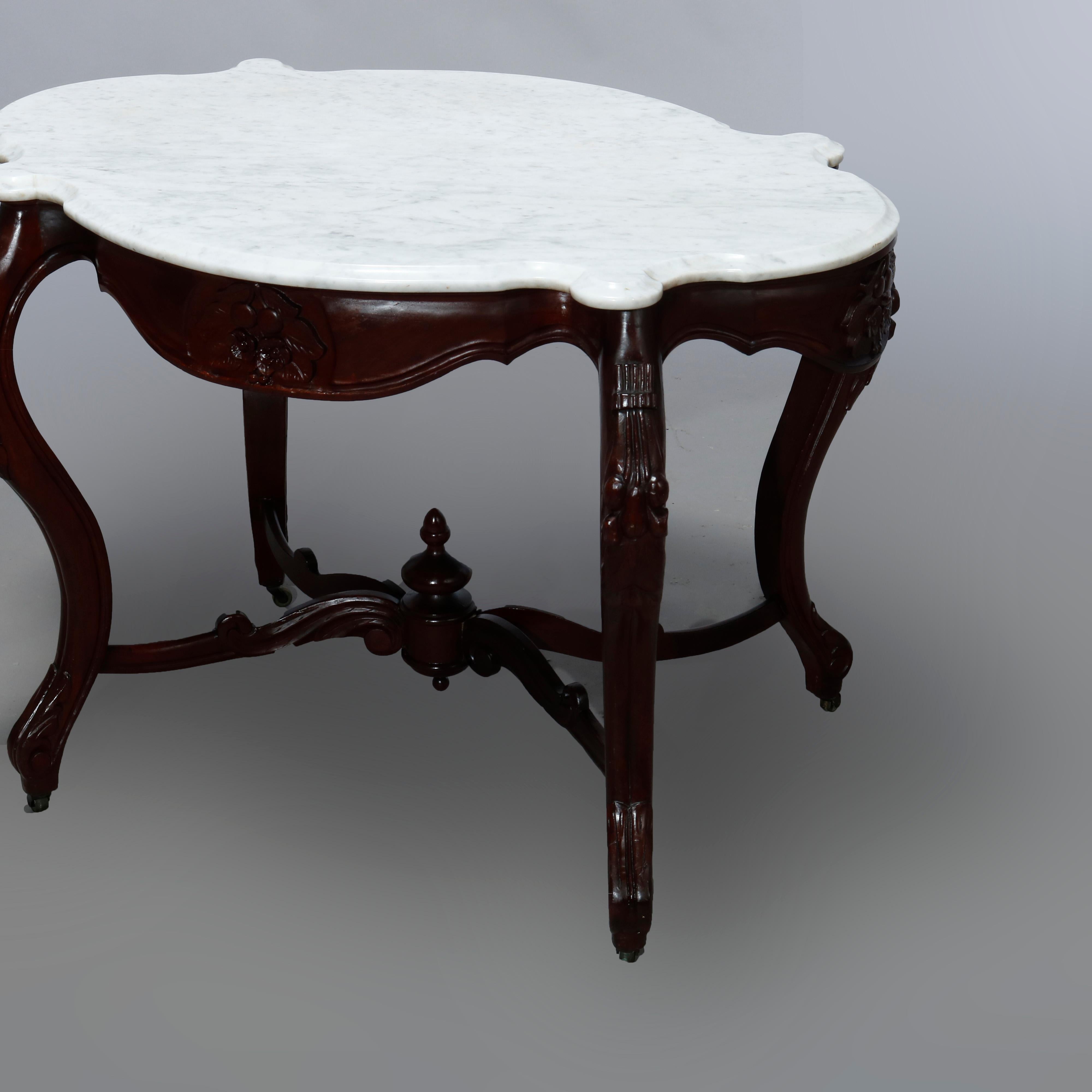 Antique Rococo Revival Turtle Top Carved Walnut & Marble Center Table, c1870 3