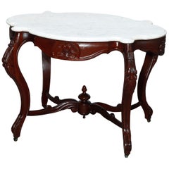 Antique Rococo Revival Turtle Top Carved Walnut & Marble Center Table, c1870